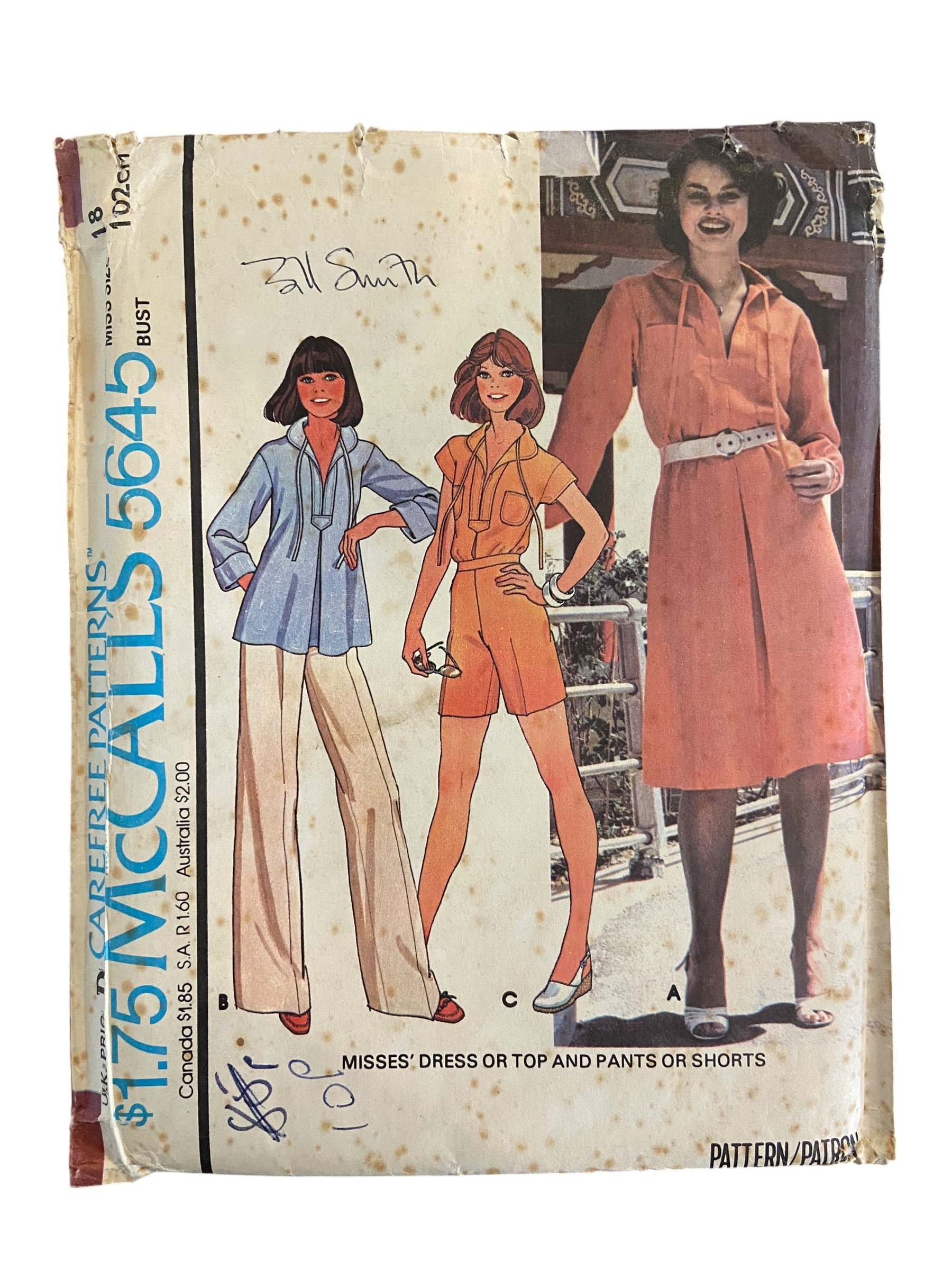 McCall’s 5645 vintage 1970s top or dress and pants or shorts sewing pattern Bust 40 inches