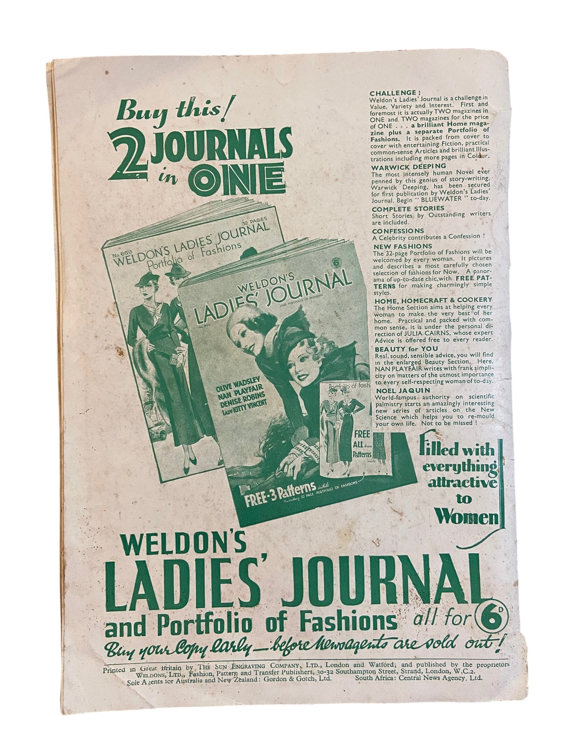 Weldon’s Summer Fashions and Washing Frocks for Outsizes catalogue Outsize Series No. 21 circa 1930s with two sewing patterns, unused, factory folded dress with collar, dress with short sleeves.Bust 42 inches.