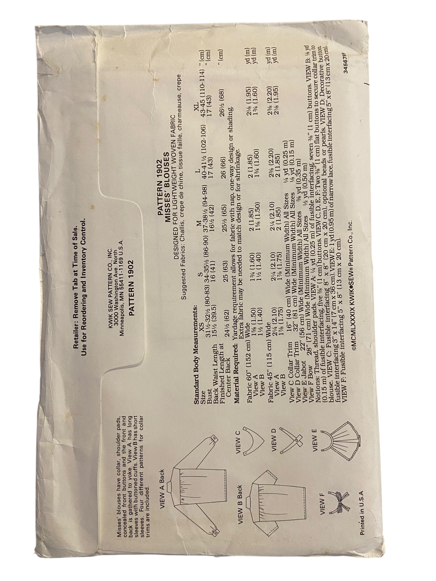 Kwik sew 1902 vintage 1980s blouse sewing pattern