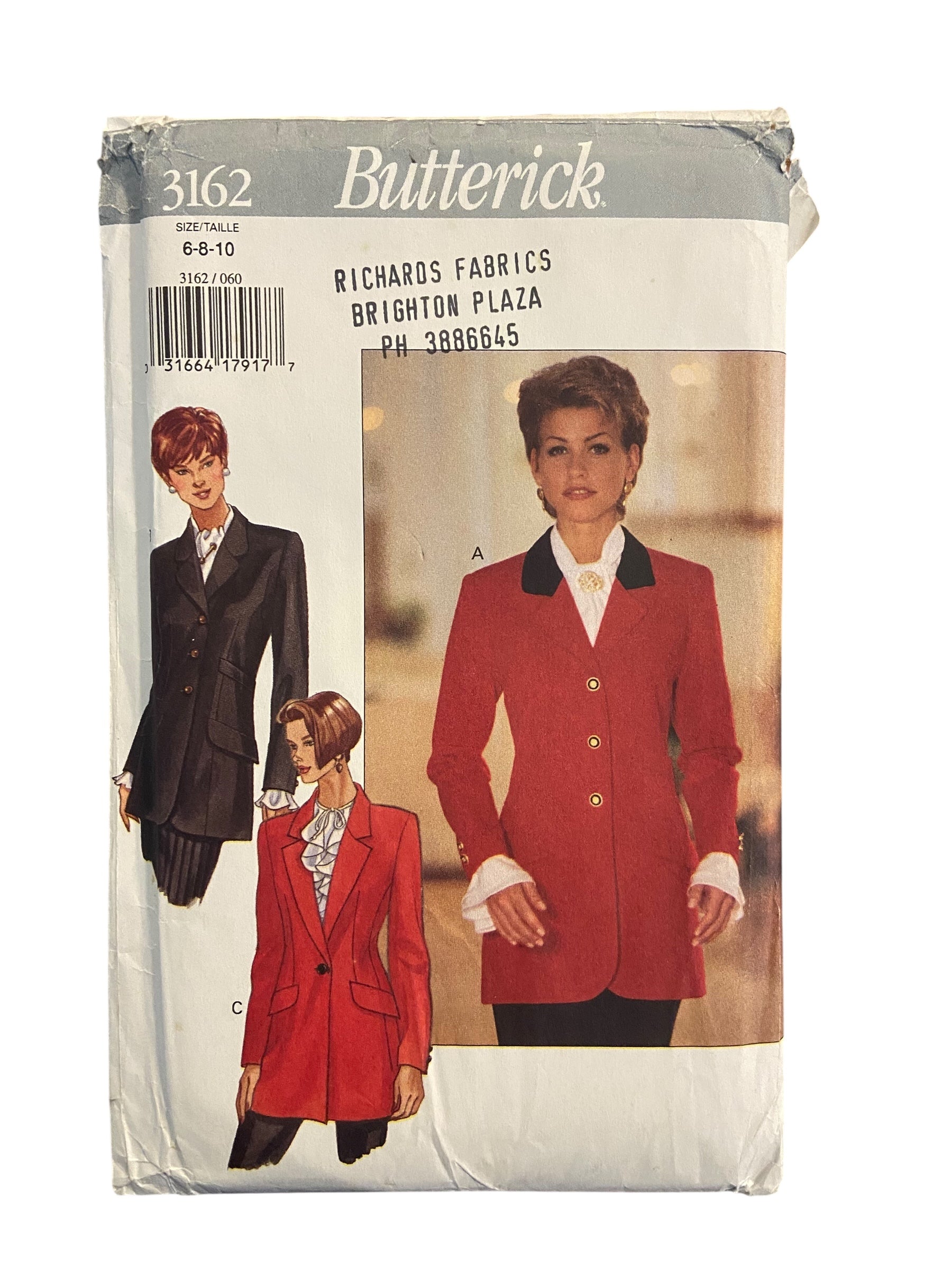 Butterick 3162 vintage 1990s jacket pattern Bust 30.5, 31.5, 32.5 inches