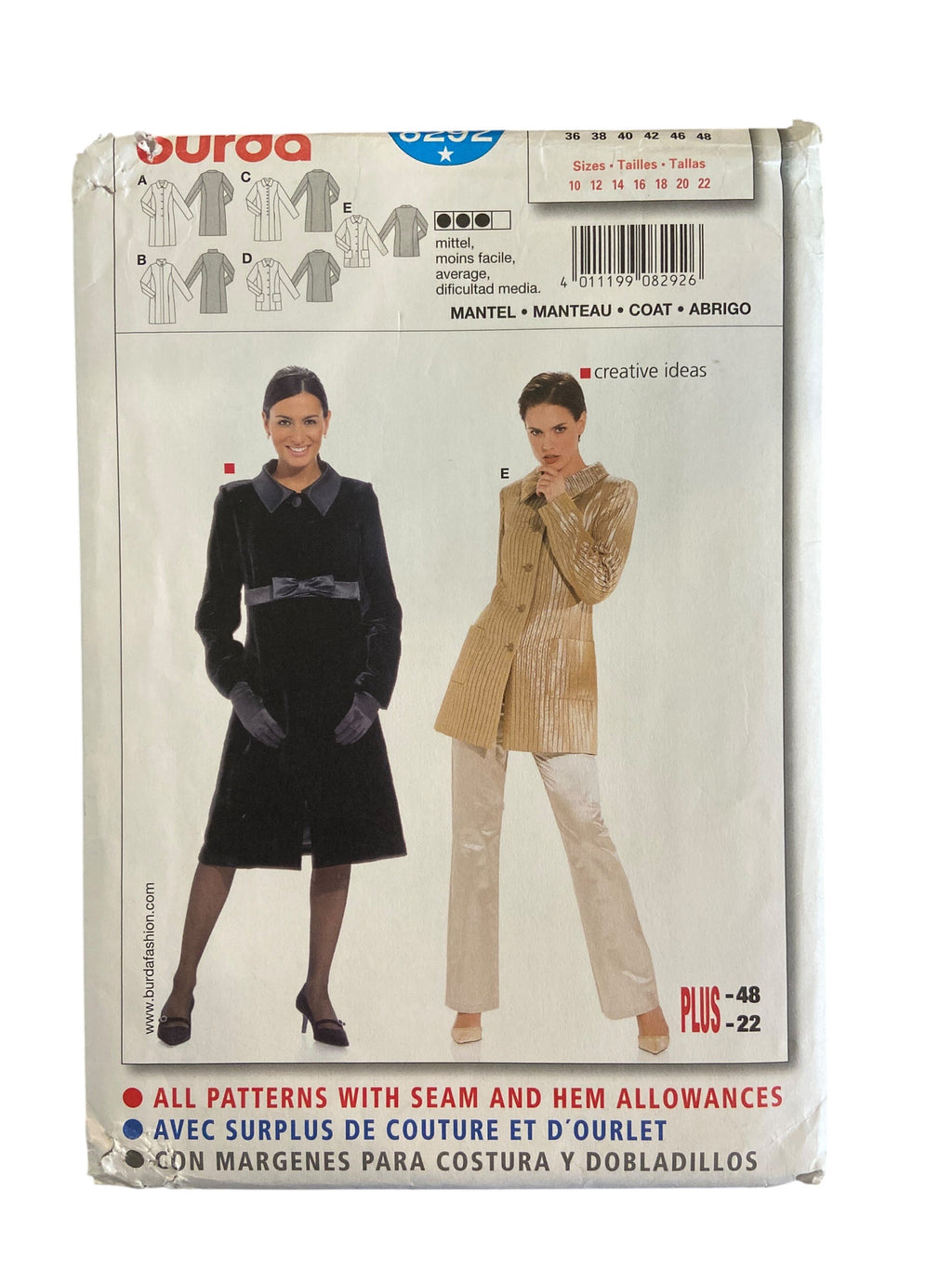 Burda 8292 coat sewing pattern. Sizes US 10 - 22