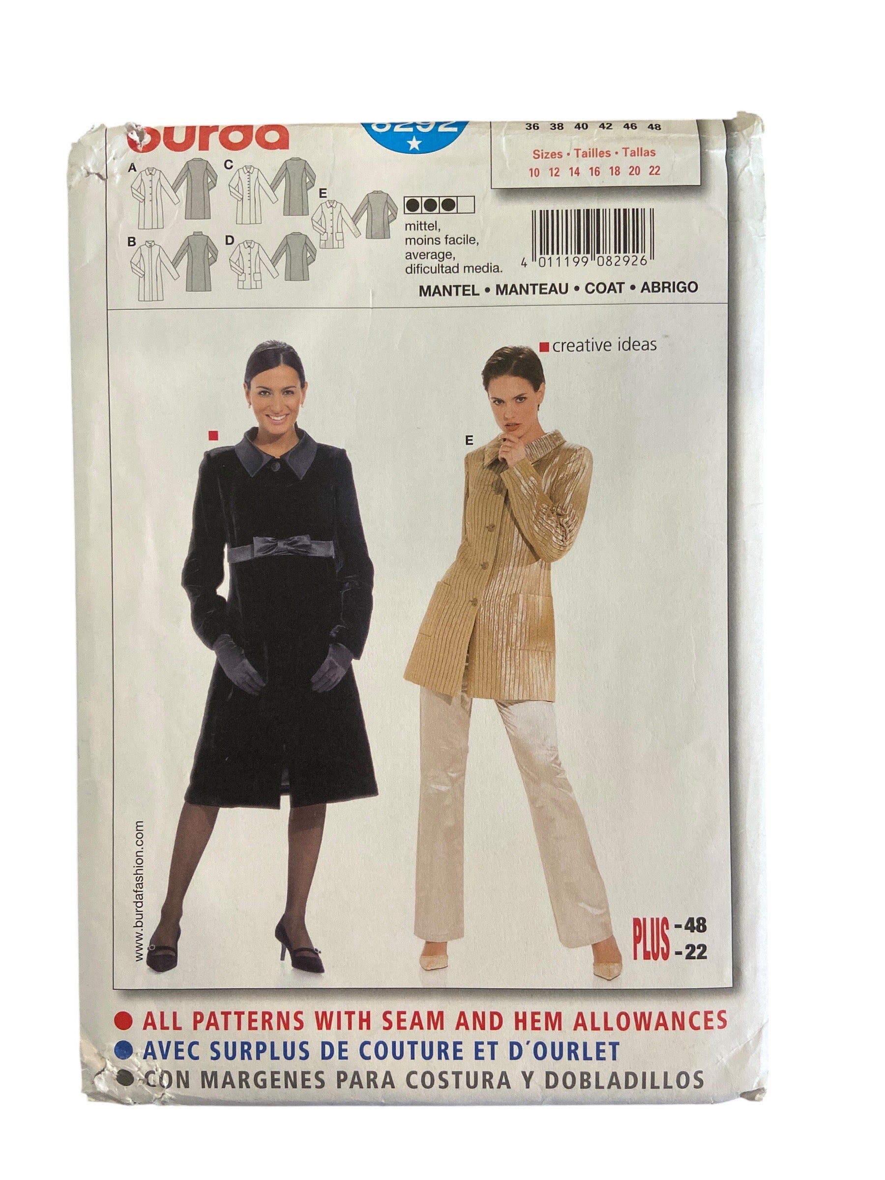 Burda 8292 coat sewing pattern. Sizes US 10 - 22