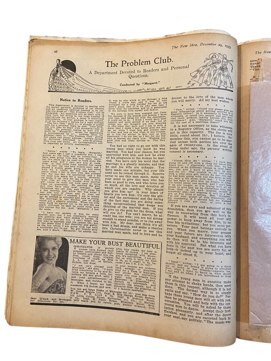 The New Idea Magazine . A weekly paper for Australian and New Zealand Women. December 29 1933 with sewing pattern unused, factory folded, lady’s afternoon frock. Bust 34 inches.