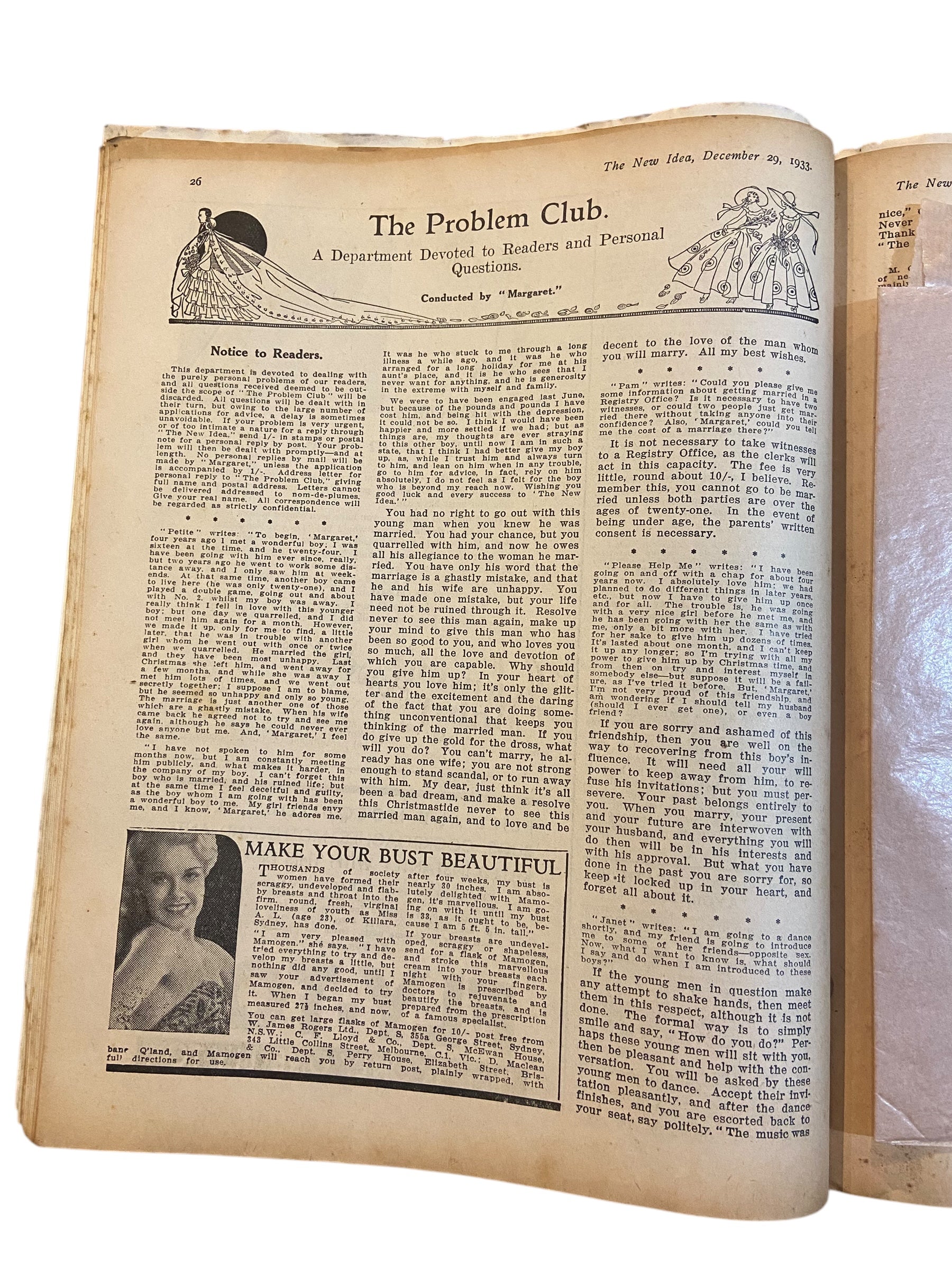 The New Idea Magazine . A weekly paper for Australian and New Zealand Women. December 29 1933 with sewing pattern unused, factory folded, lady’s afternoon frock. Bust 34 inches.