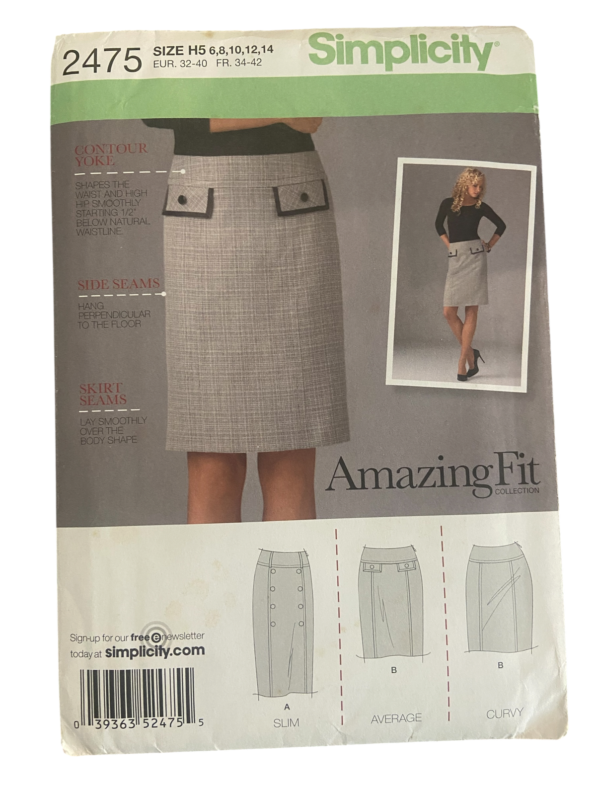 Simplicity 2475 2000s skirt sewing pattern. Waist 23, 24, 25, 26.5, 28 inches
