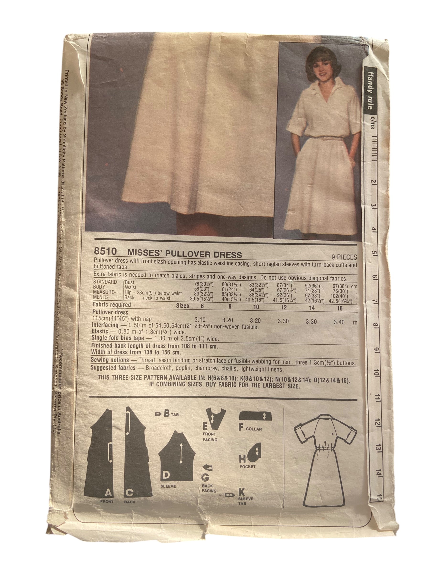 Simplicity 8510 vintage 1970s pullover dress sewing pattern Bust 32, 34, 36 inches