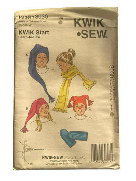 Kwik Sew 3030 vintage 1990s children's and adult's hats, scarf and mittens sewing pattern multisize