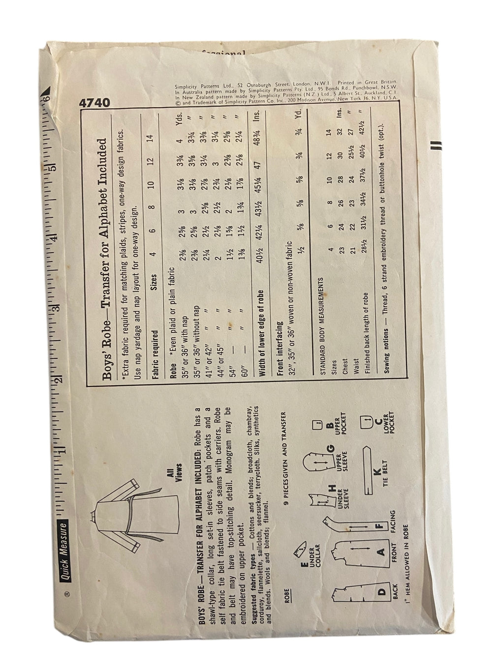 Simplicity 4740 vintage 1950s vintage child's dressing gown robe sewing pattern. Size 4 years