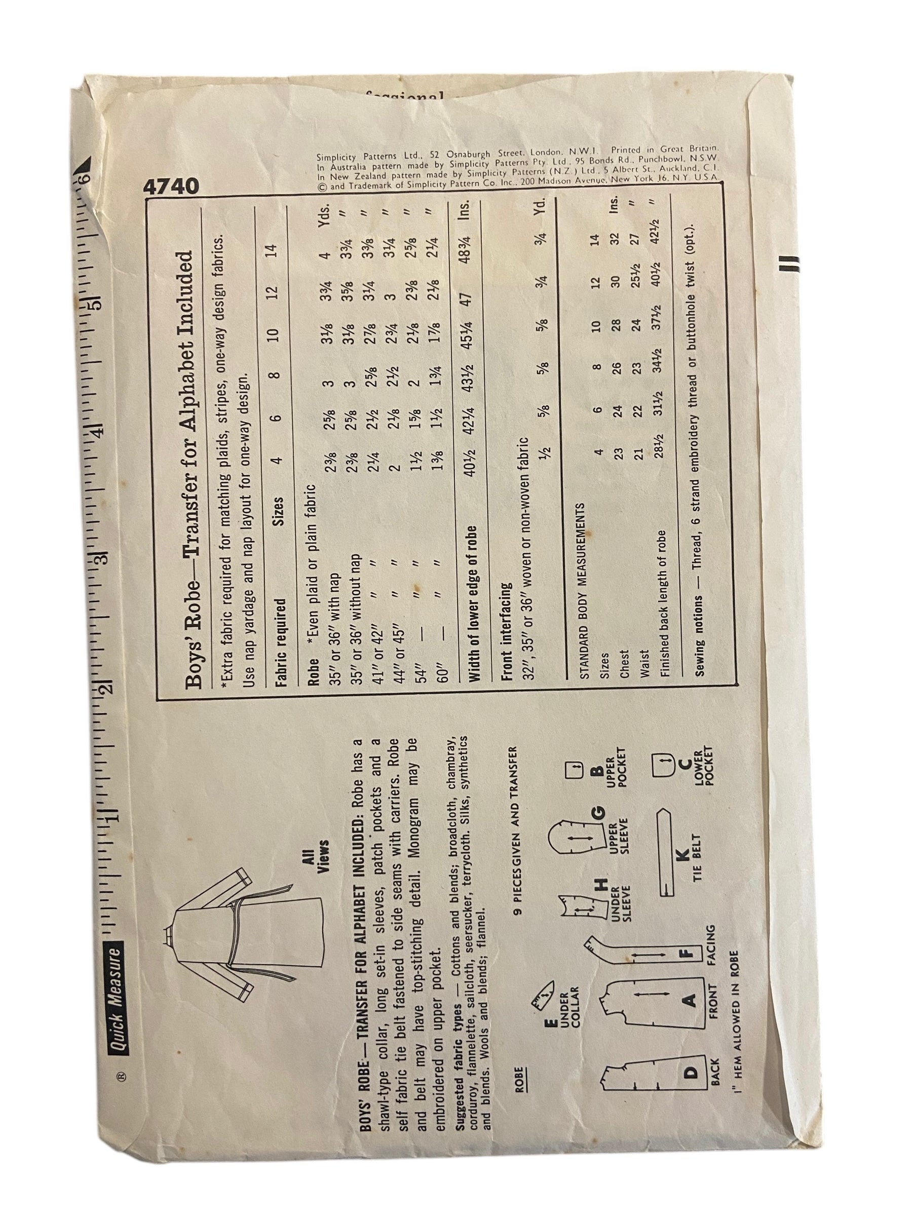 Simplicity 4740 vintage 1950s vintage child's dressing gown robe sewing pattern. Size 4 years