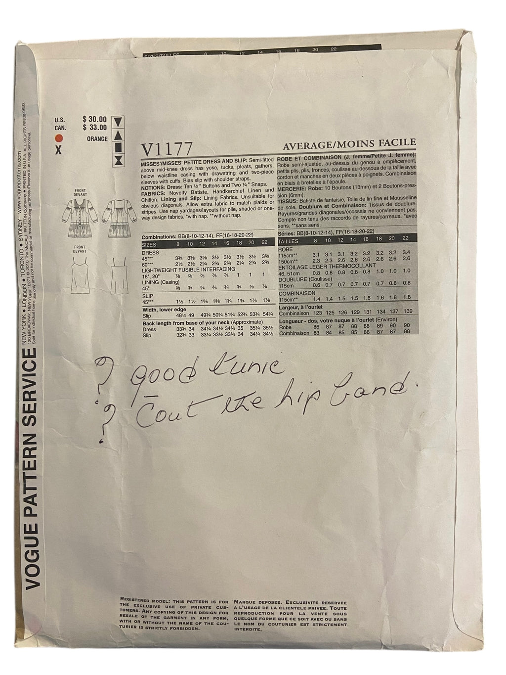 Vogue v1177 Vogue American Designer Anna Sui dress and slip sewing pattern from 2010 Bust 38, 40, 42, 44 inches