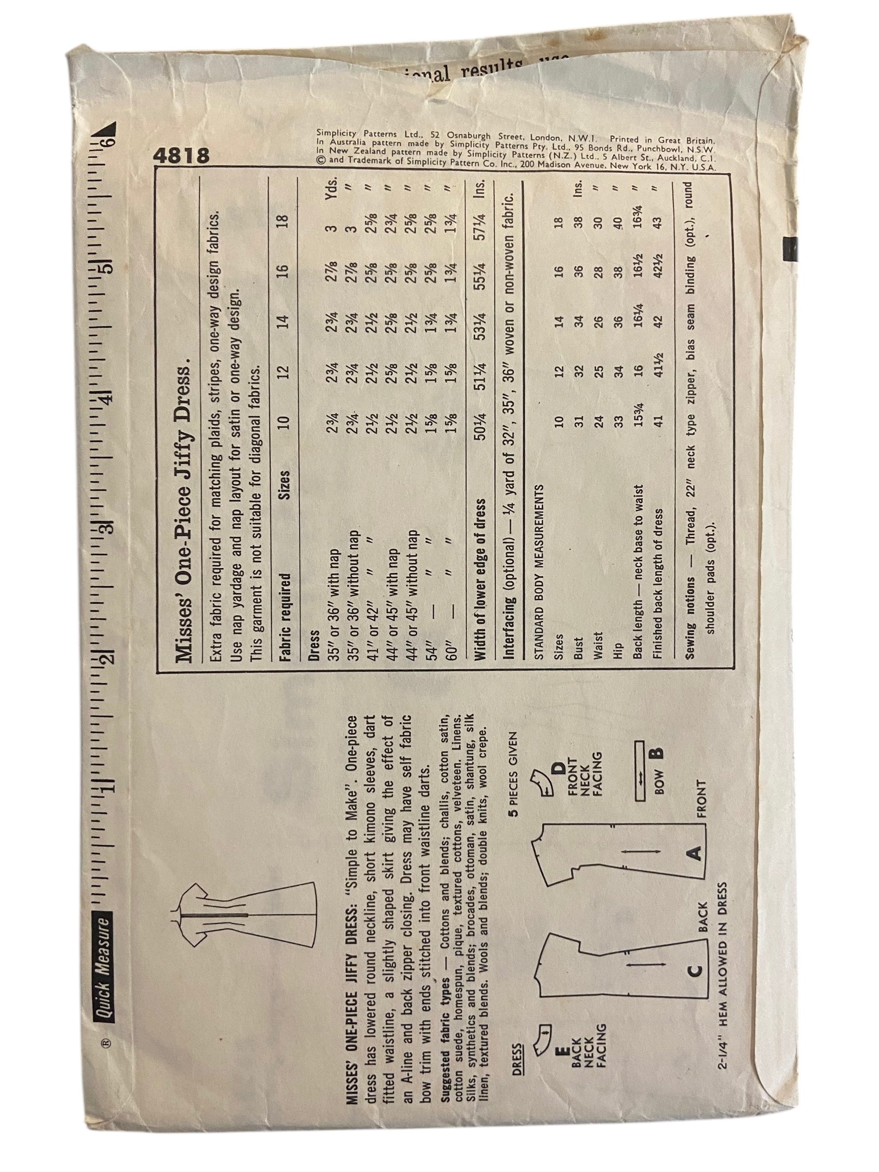 Simplicity 4818 vintage 1960s dress sewing pattern. Bust 34 inches
