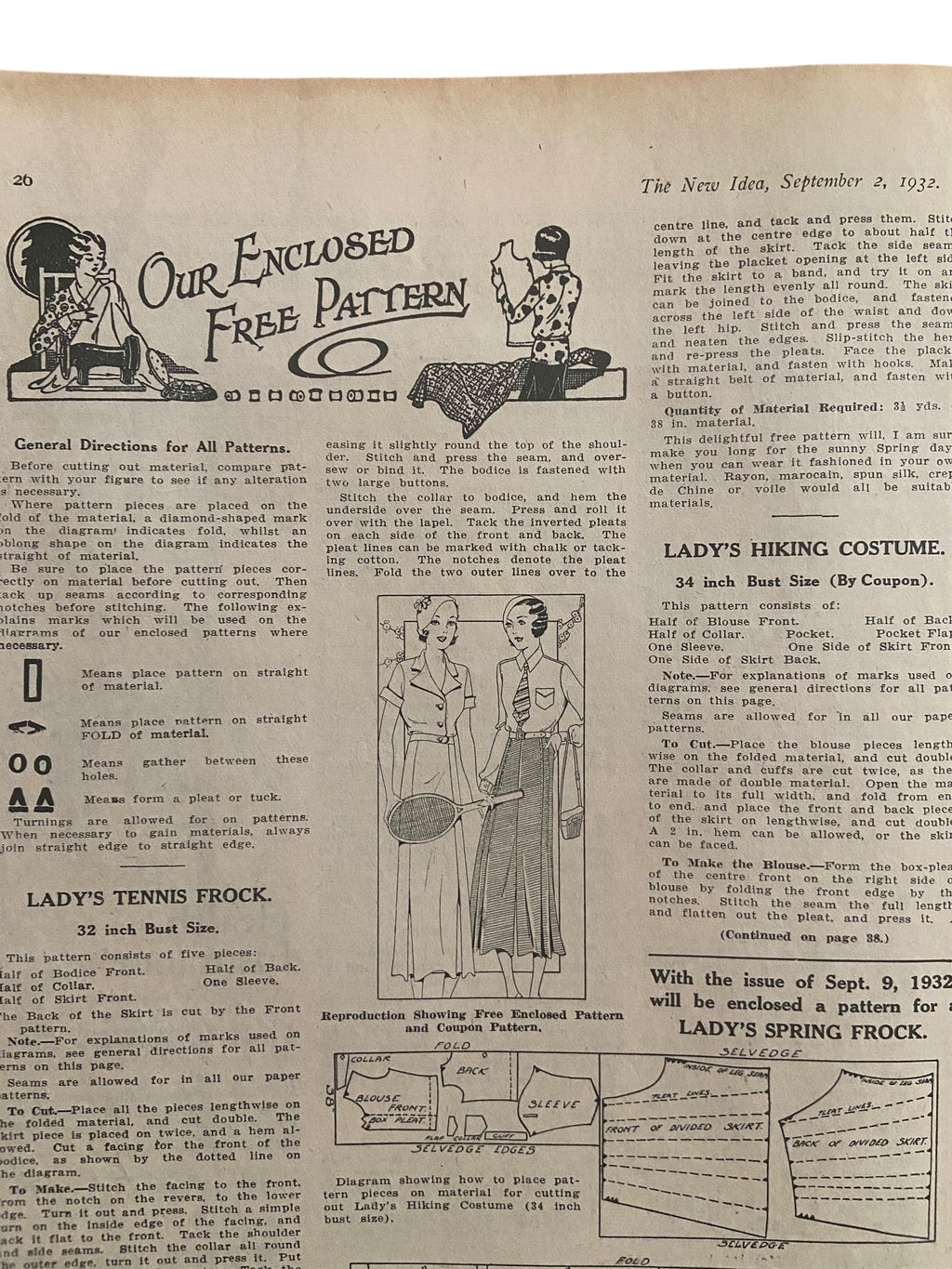 The New Idea magazine September 2 1932 with sewing pattern, tennis dress, unused, factory folded, bust 32 inches