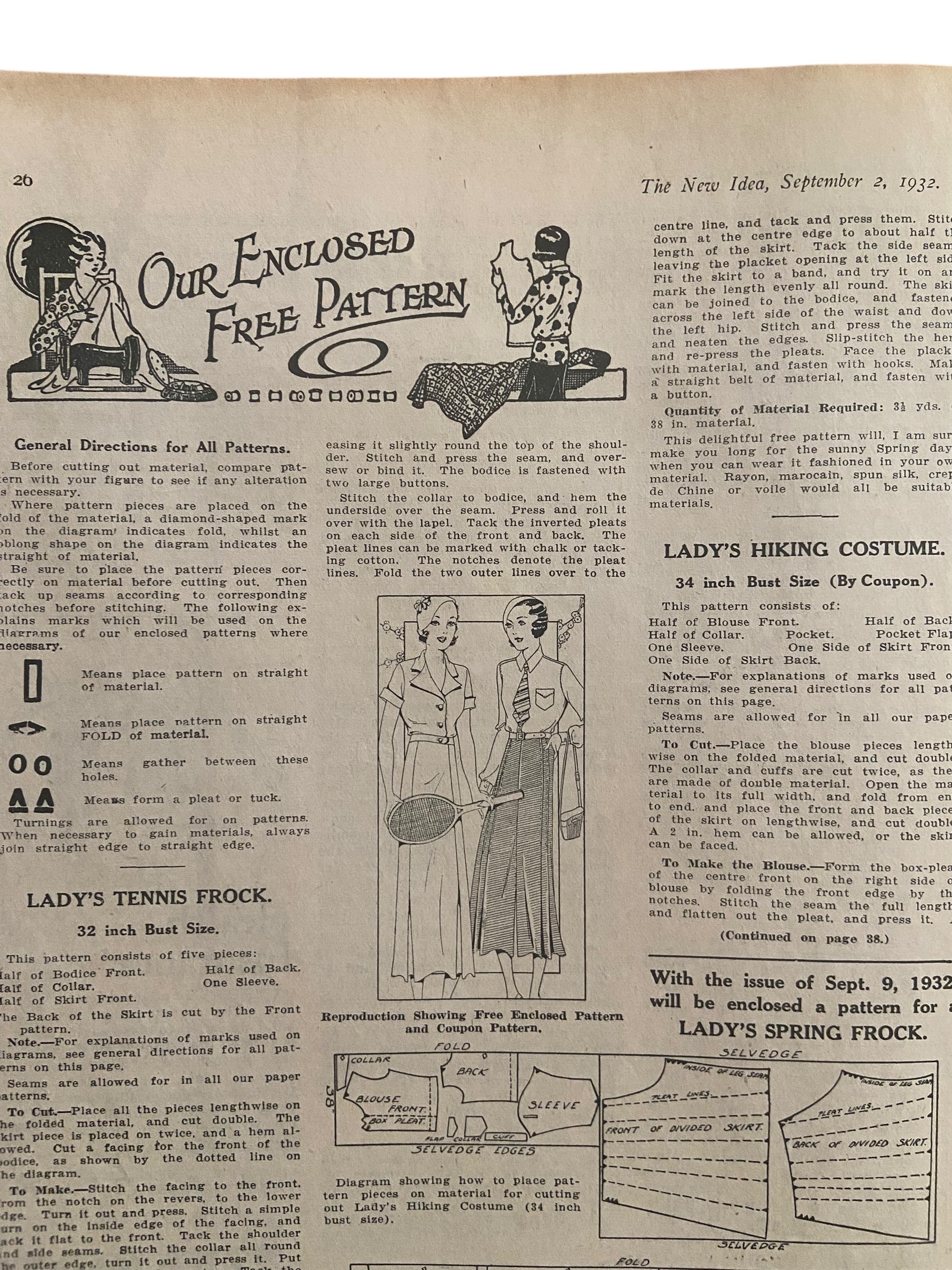 The New Idea magazine September 2 1932 with sewing pattern, tennis dress, unused, factory folded, bust 32 inches