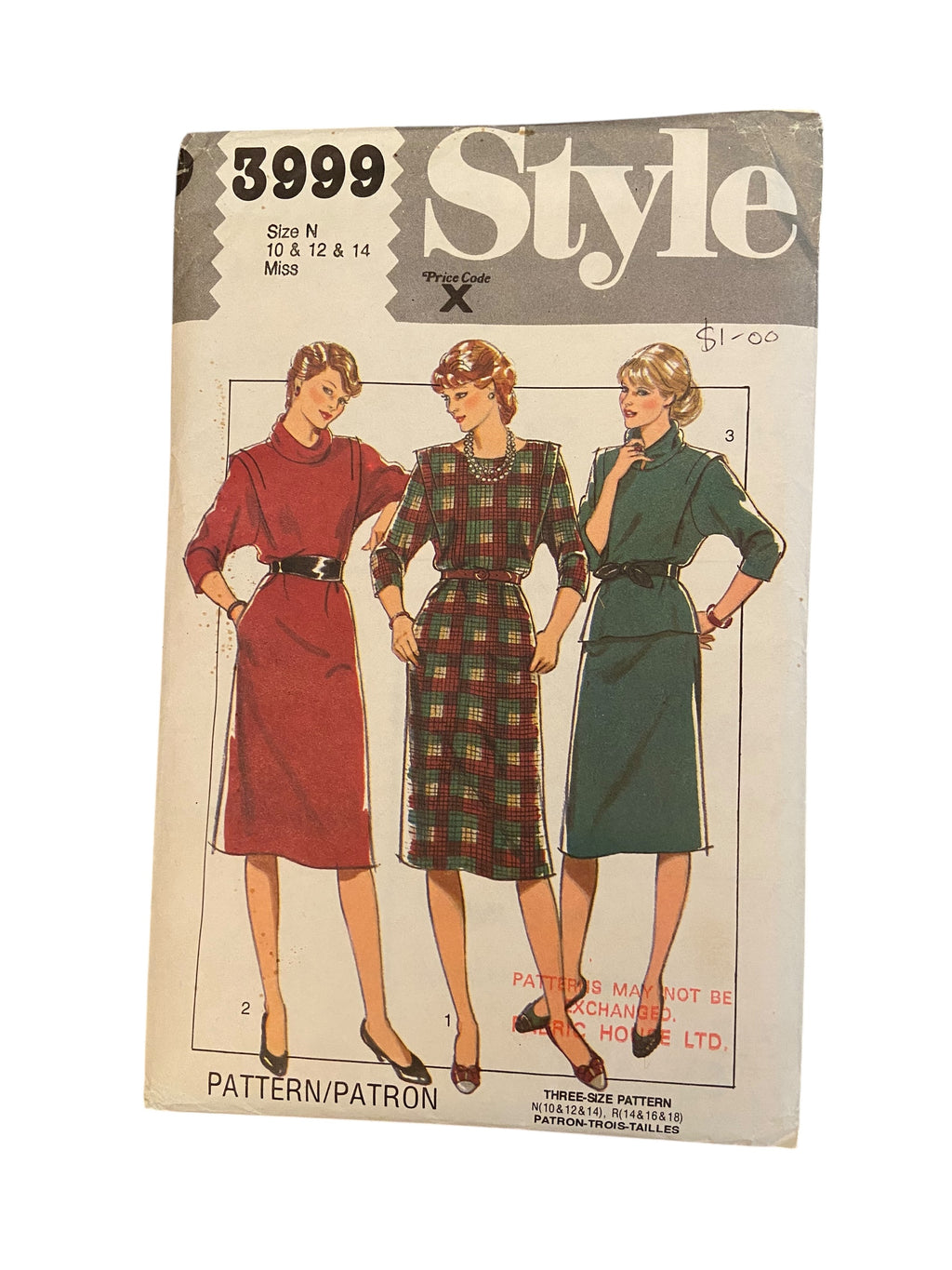 Style 3999 vintage 1980s dress sewing pattern. Bust 32.5, 34, 36 inches