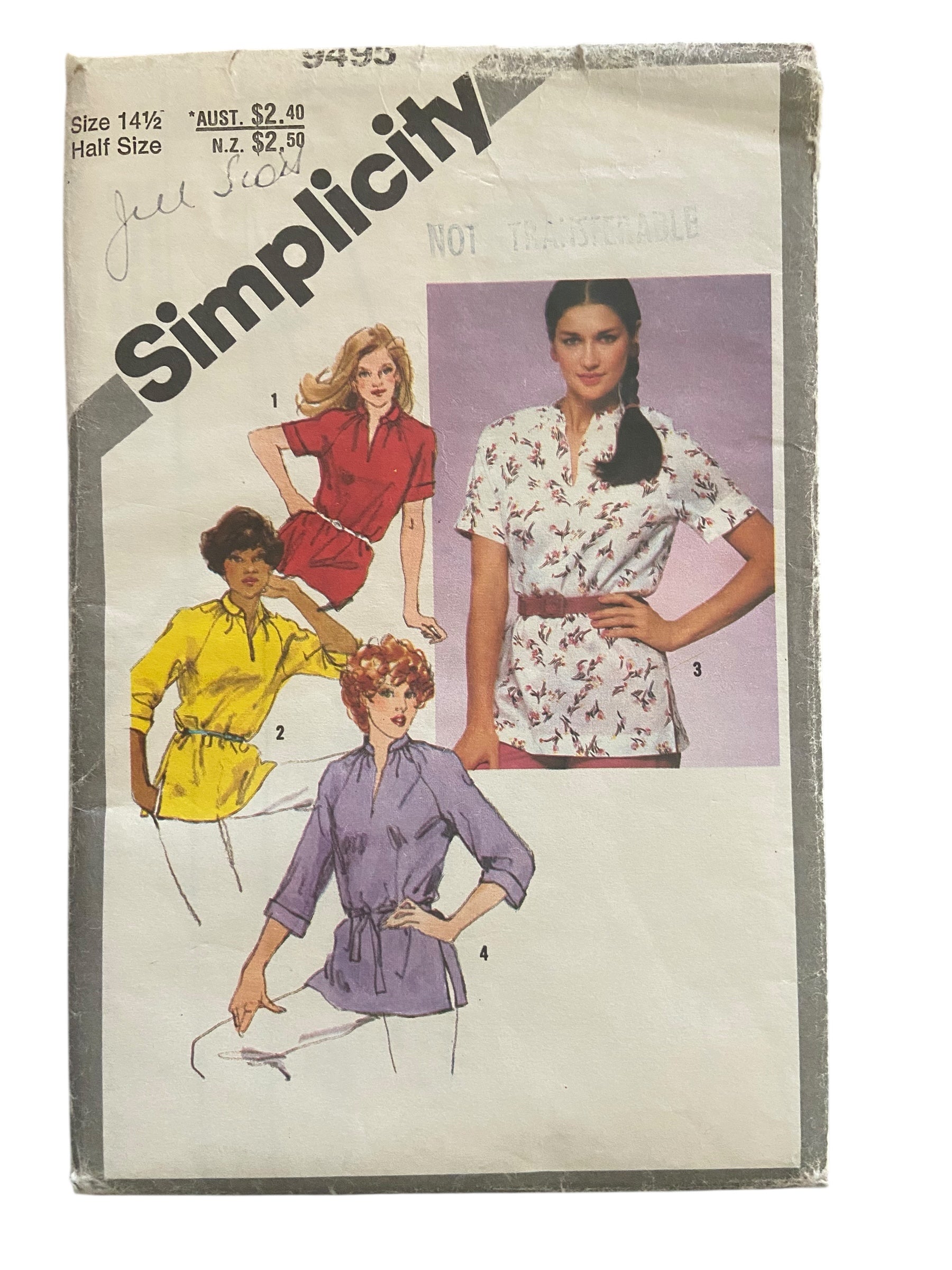 Simplicity 9495 vintage 1980s top sewing pattern. Bust 37 inches
