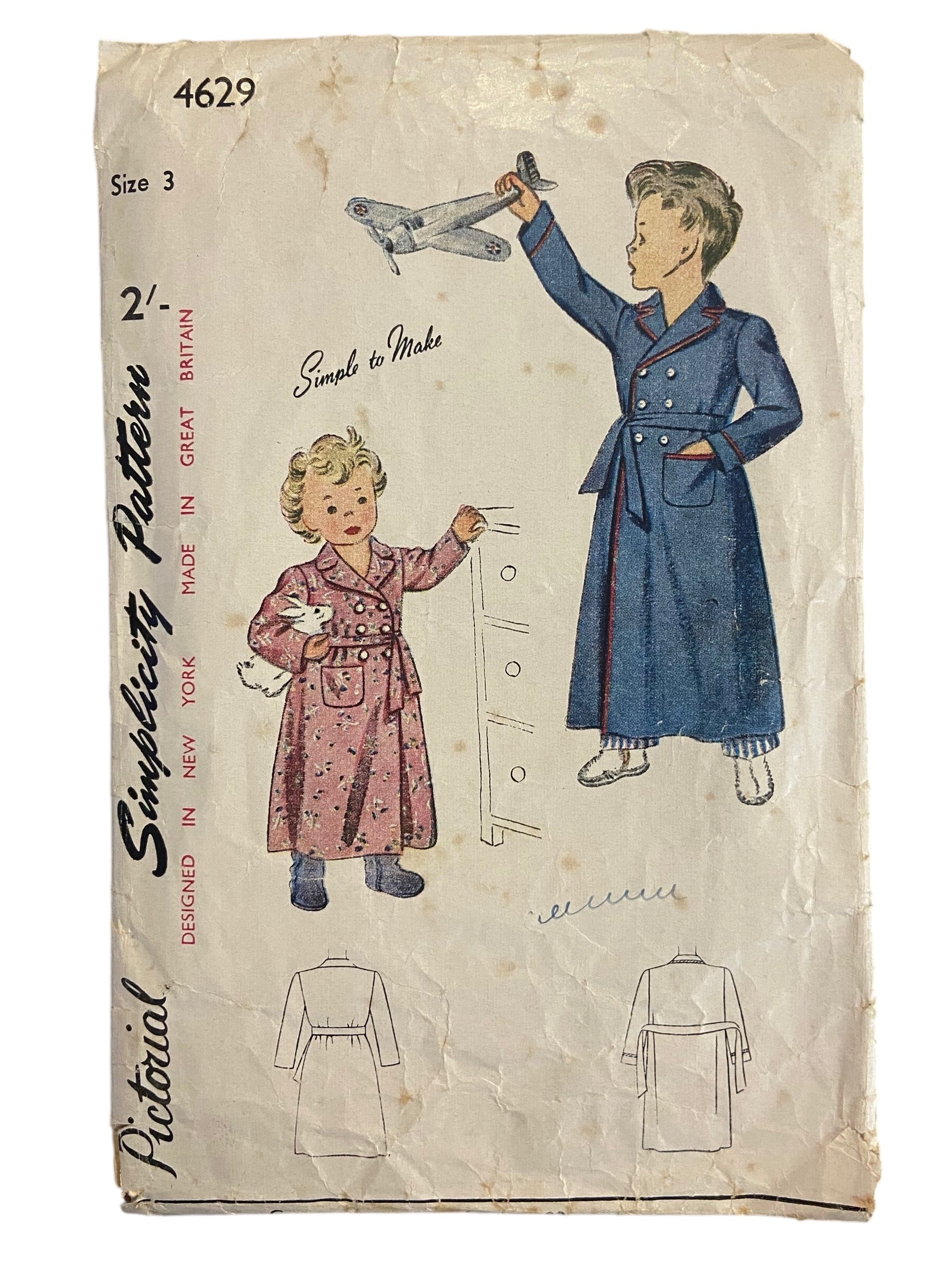 Simplicity 4629 vintage 1940s vintage child's dressing gown robe sewing pattern. Size 3 years. WOUNDED BARGAIN