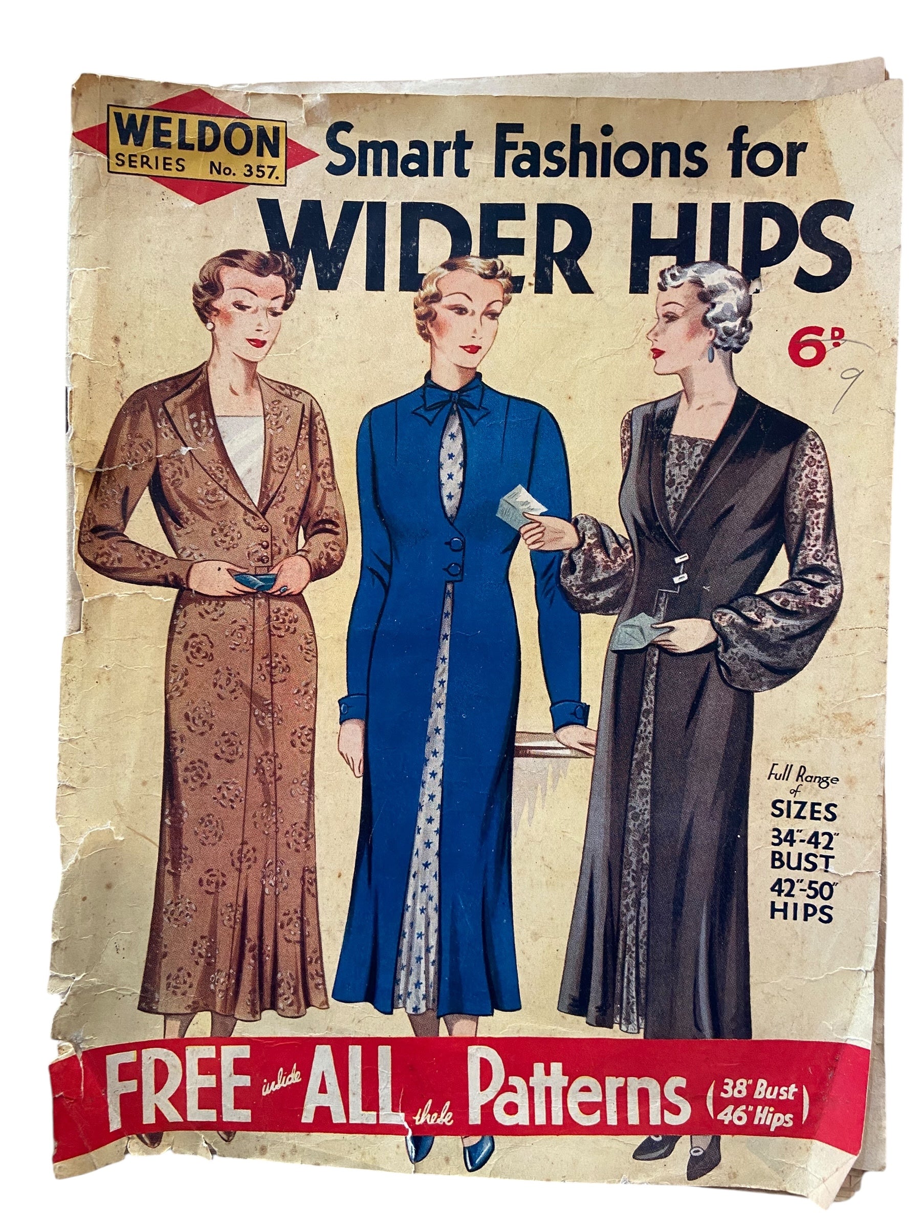 Weldon’s Smart Fashions for Wider Hips catalogue Series No. 357 circa 1930s with three sewing patterns, unused, factory folded dress with contrasting panel, satin and lace frock, day dress with revers. Bust 38 inches.