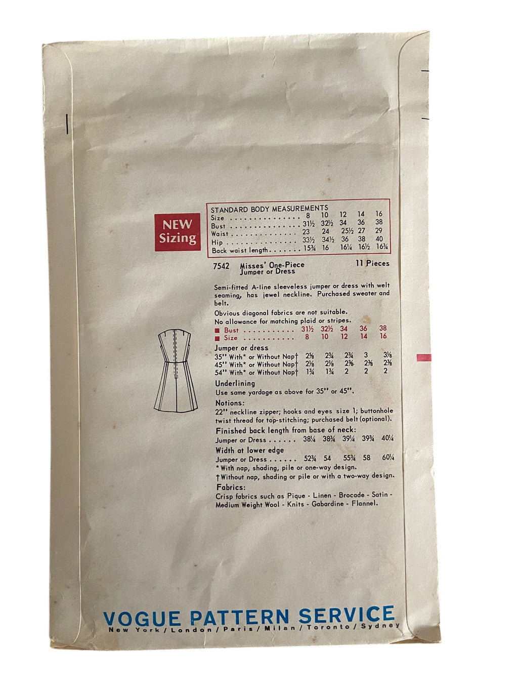 Vogue 7542 Vintage 1960s dress sewing pattern Bust 36 inches