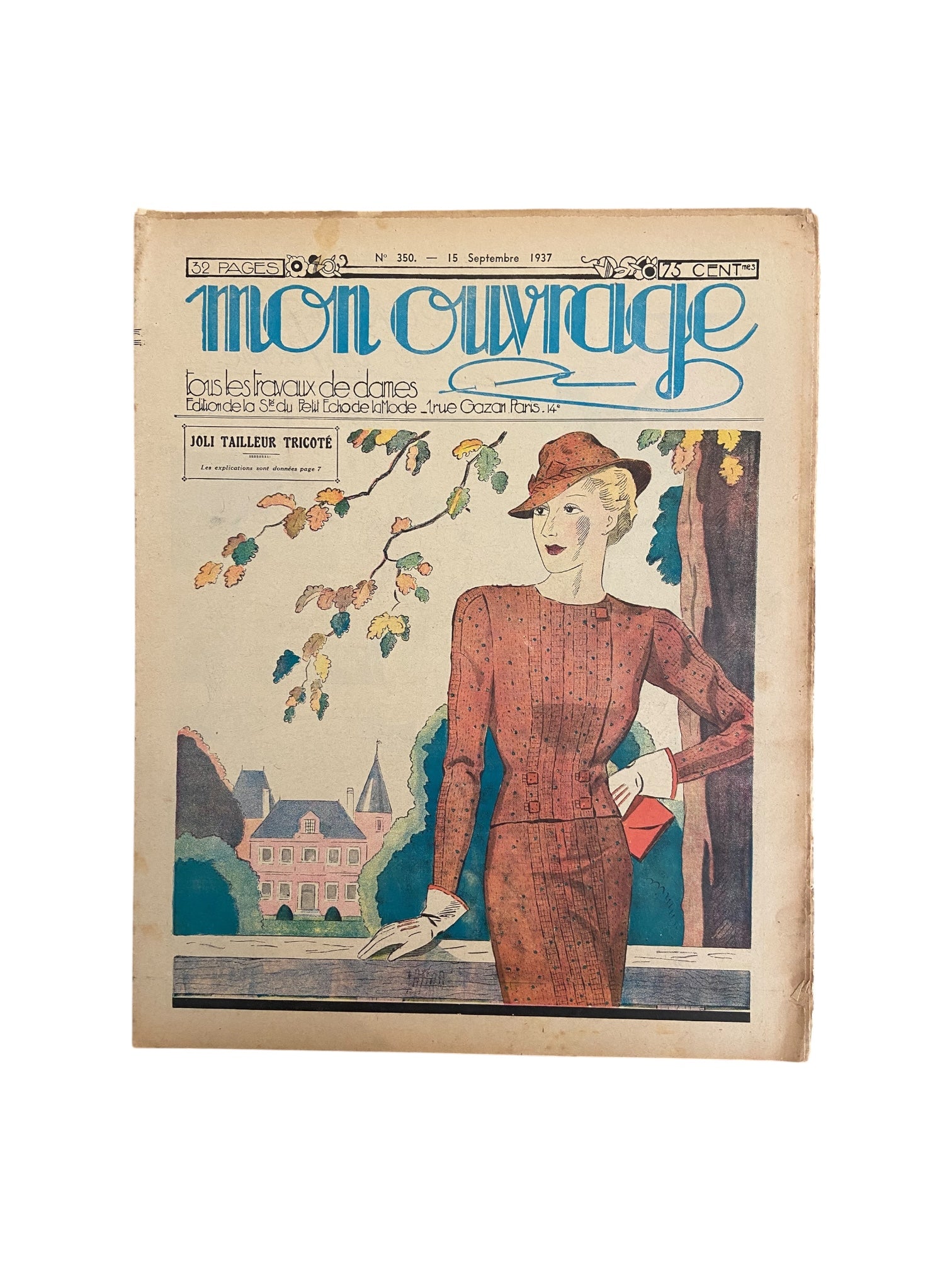 Mon Ouvrage 15 Septembre 1937 vintage French craft magazine with knitting pattern for the suit on the cover