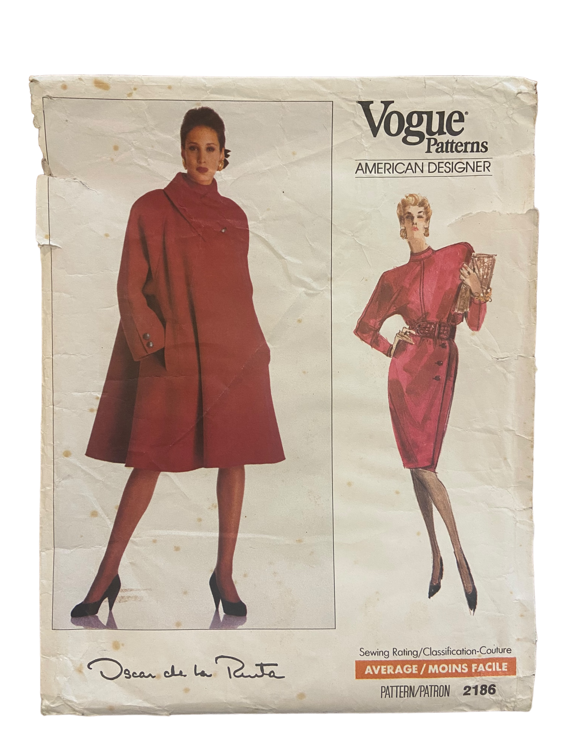 Vogue 2186 vintage 1980s coat, top and skirt sewing pattern. Vogue American Designer Oscar de la Renta. Bust 34, 36, 38 inches