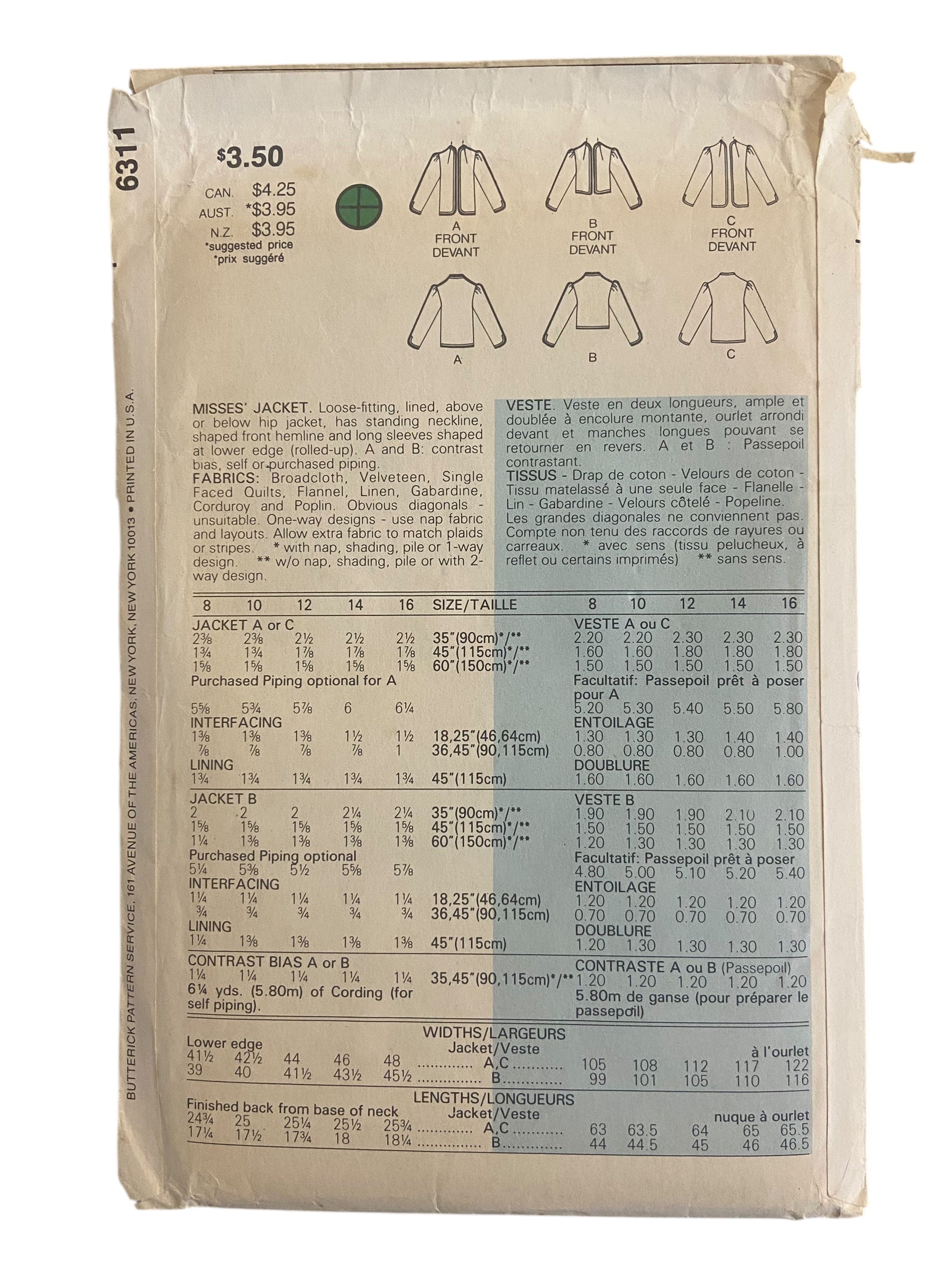 Butterick 6311 vintage 1980s jacket sewing pattern. Bust 36 inches