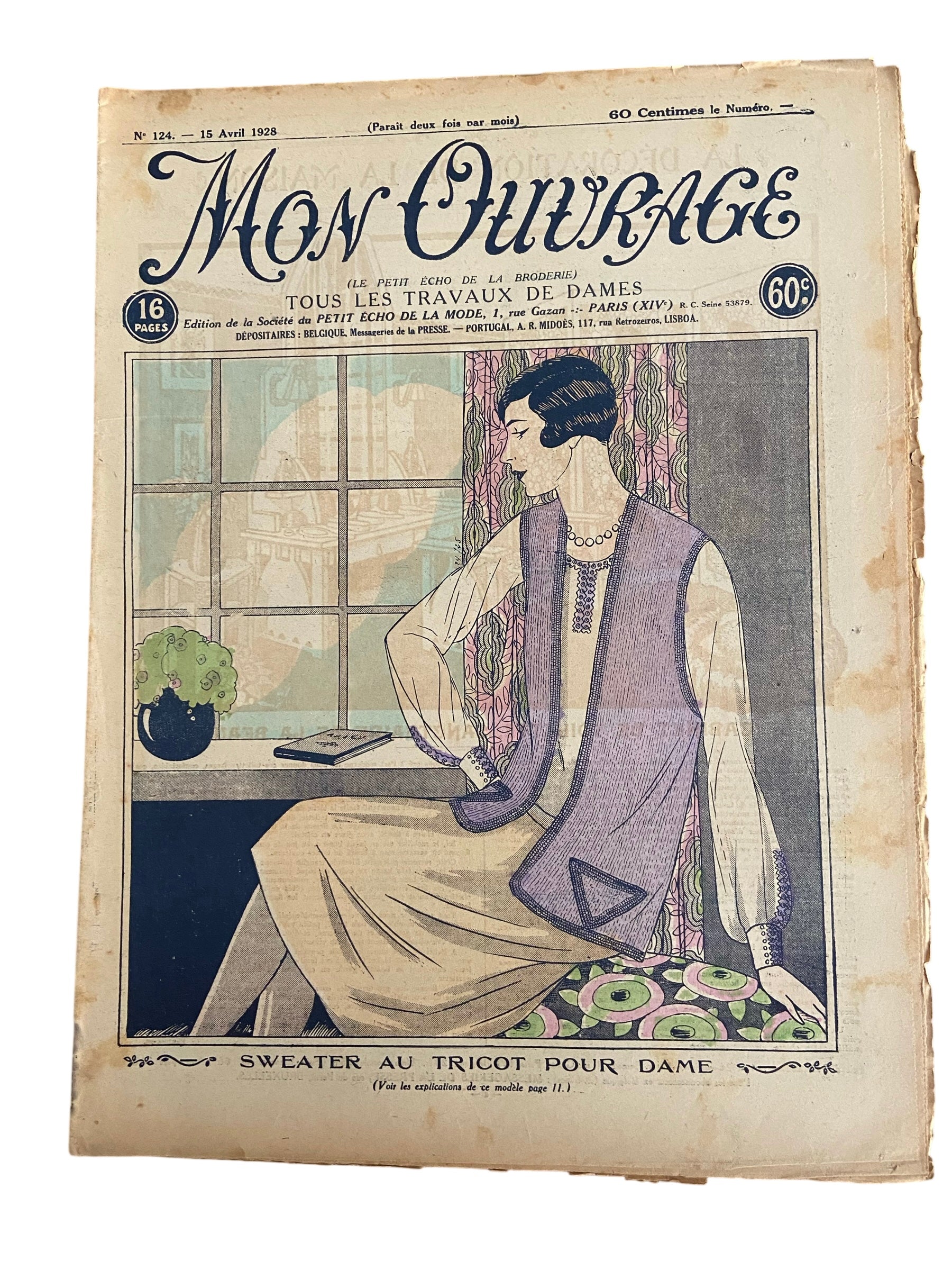 Mon Ouvrage 15 April 1928 vintage French craft magazine with knitting pattern for the sports vest on the cover