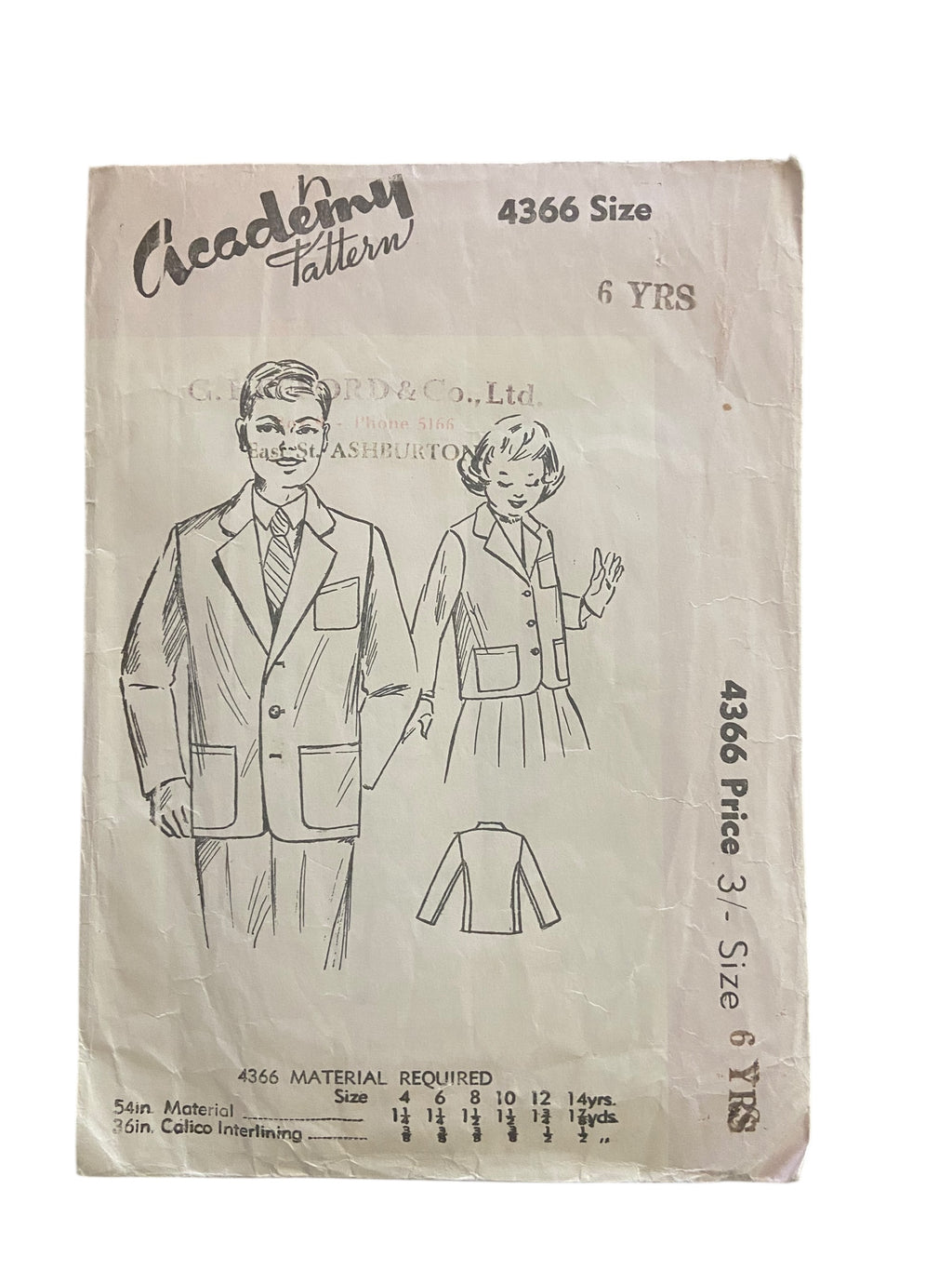 Academy 4366 vintage 1950s child's blazer sewing pattern 24 inch chest