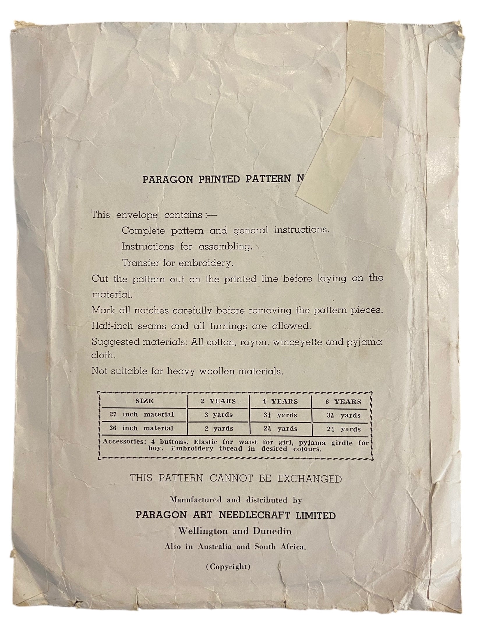 Paragon No. 55 vintage 1940's sewing pattern child’s pyjama suit. Size 4 years.