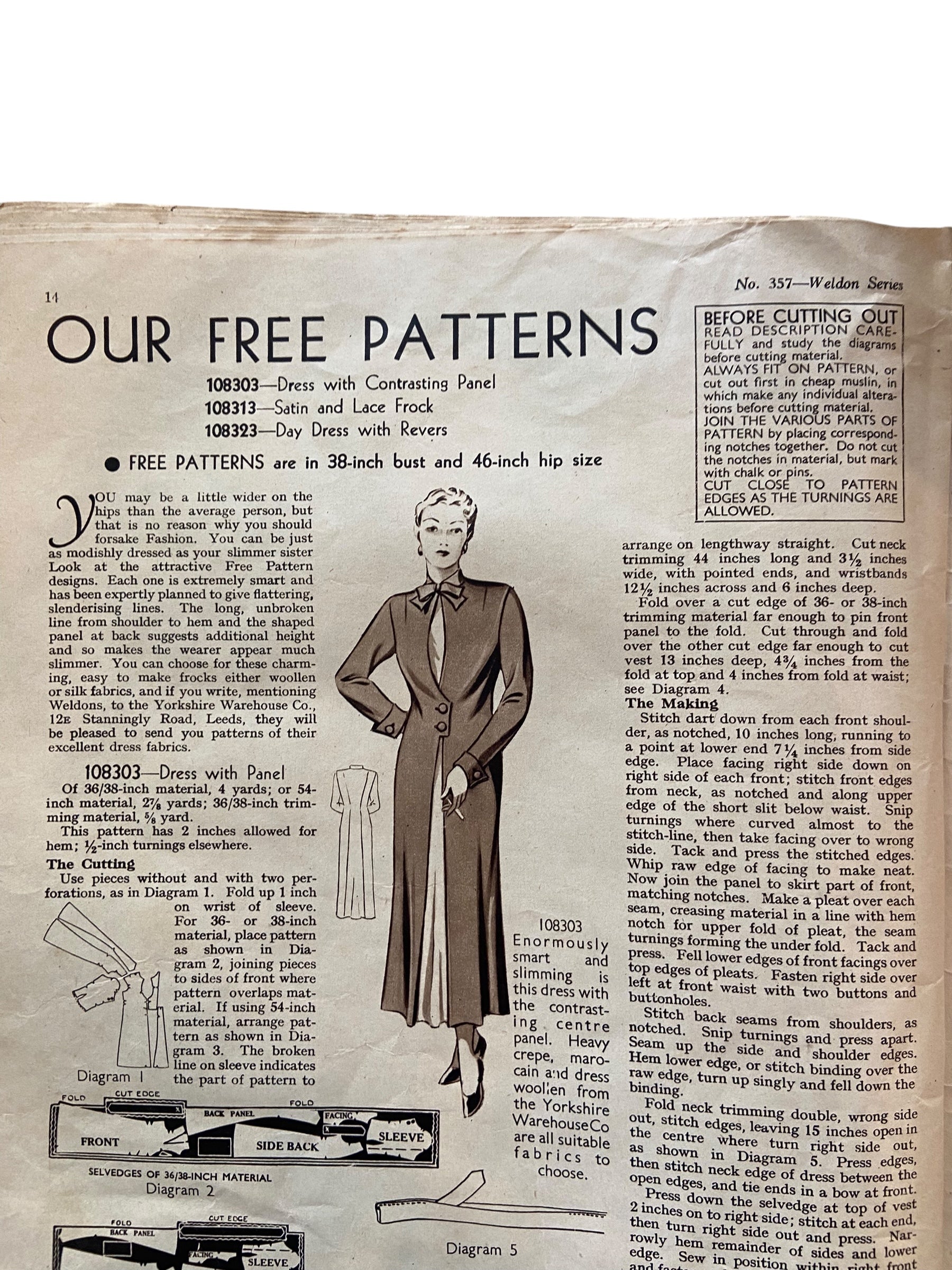 Weldon’s Smart Fashions for Wider Hips catalogue Series No. 357 circa 1930s with three sewing patterns, unused, factory folded dress with contrasting panel, satin and lace frock, day dress with revers. Bust 38 inches.