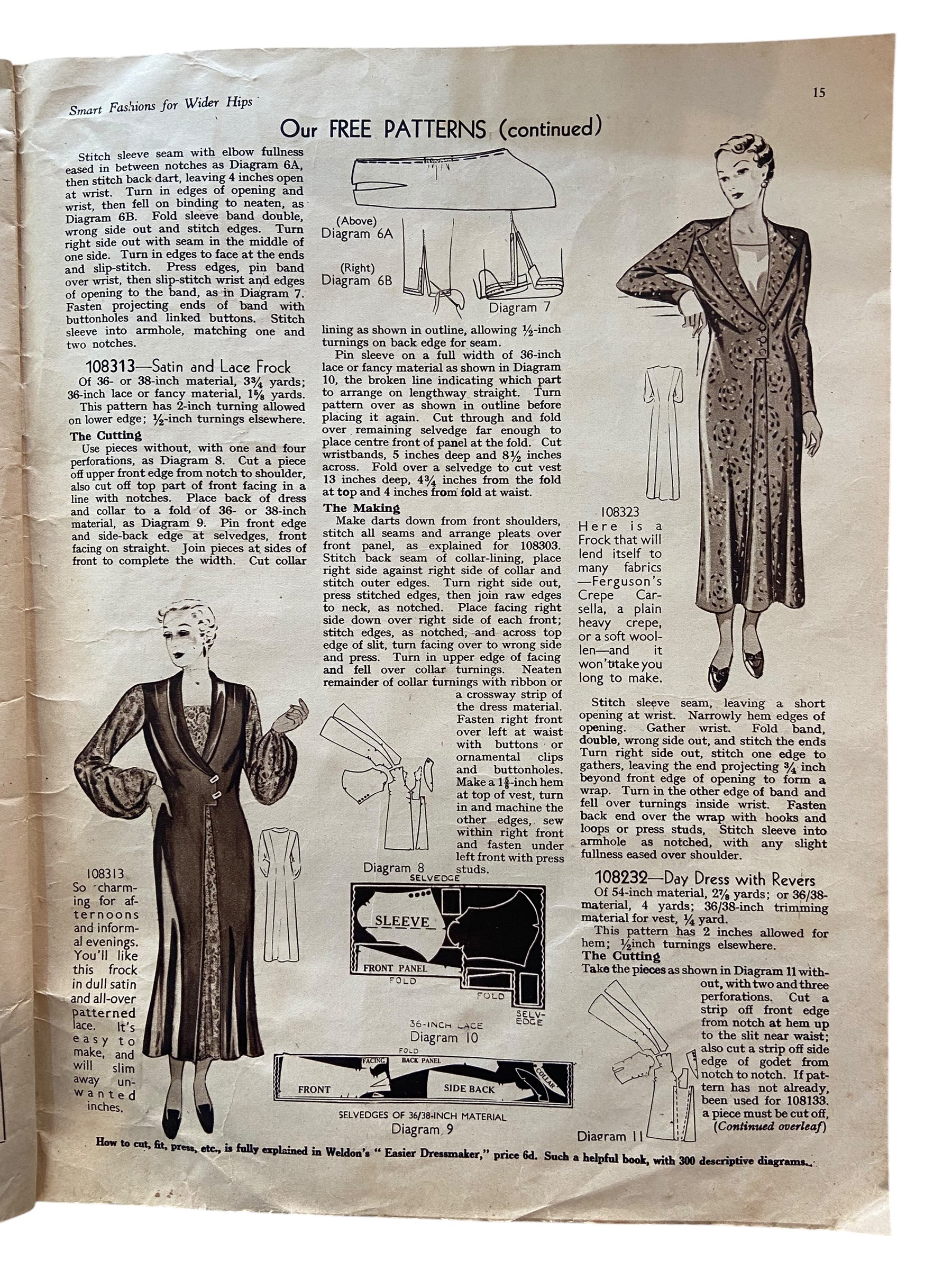 Weldon’s Smart Fashions for Wider Hips catalogue Series No. 357 circa 1930s with three sewing patterns, unused, factory folded dress with contrasting panel, satin and lace frock, day dress with revers. Bust 38 inches.