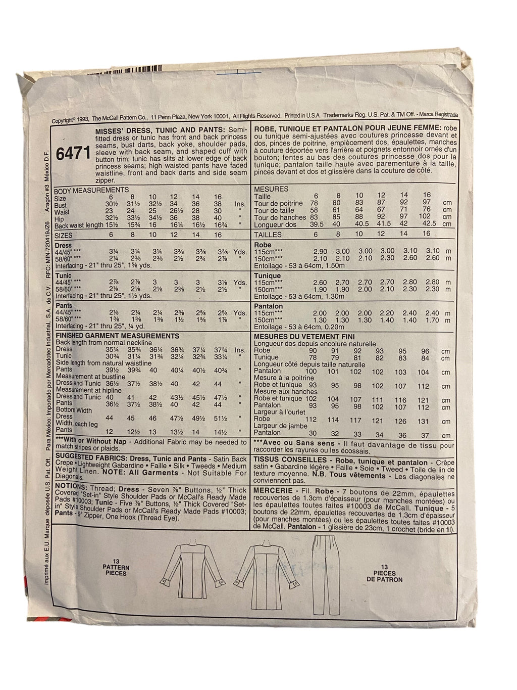 McCall’s 6471 vintage 1990s dress, tunic and pants sewing pattern Bust 34 inches
