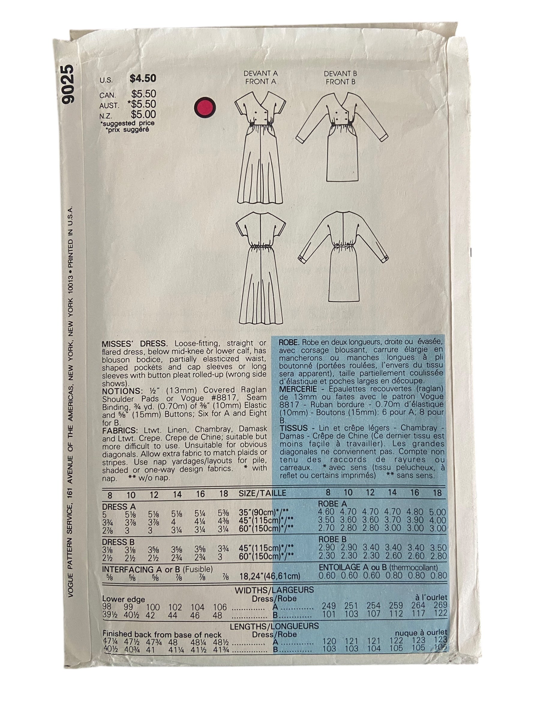Vogue 9025 very easy very vogue vintage 1980s dress sewing pattern Bust 31.5, 32.5 inches