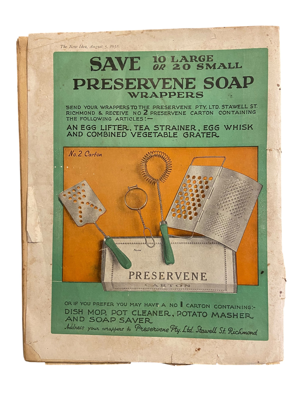 The New Idea Magazine . A weekly paper for Australian and New Zealand Women. August 5 1932 with sewing pattern unused, factory folded, lady’s frock. Bust 32 inches.