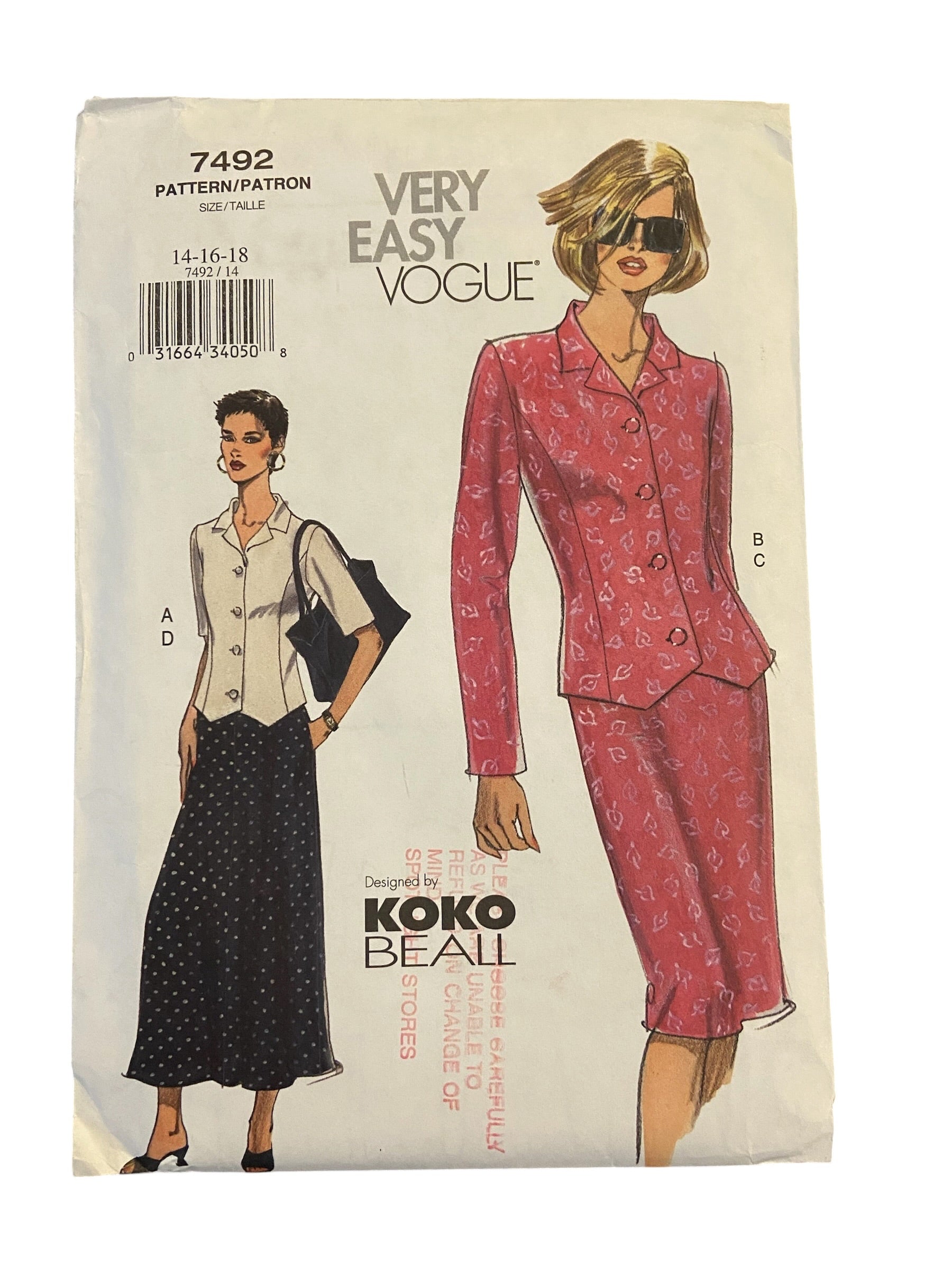 Vogue 7492 vintage Koko Beall top and skirt sewing pattern Bust 36, 38, 40 inches