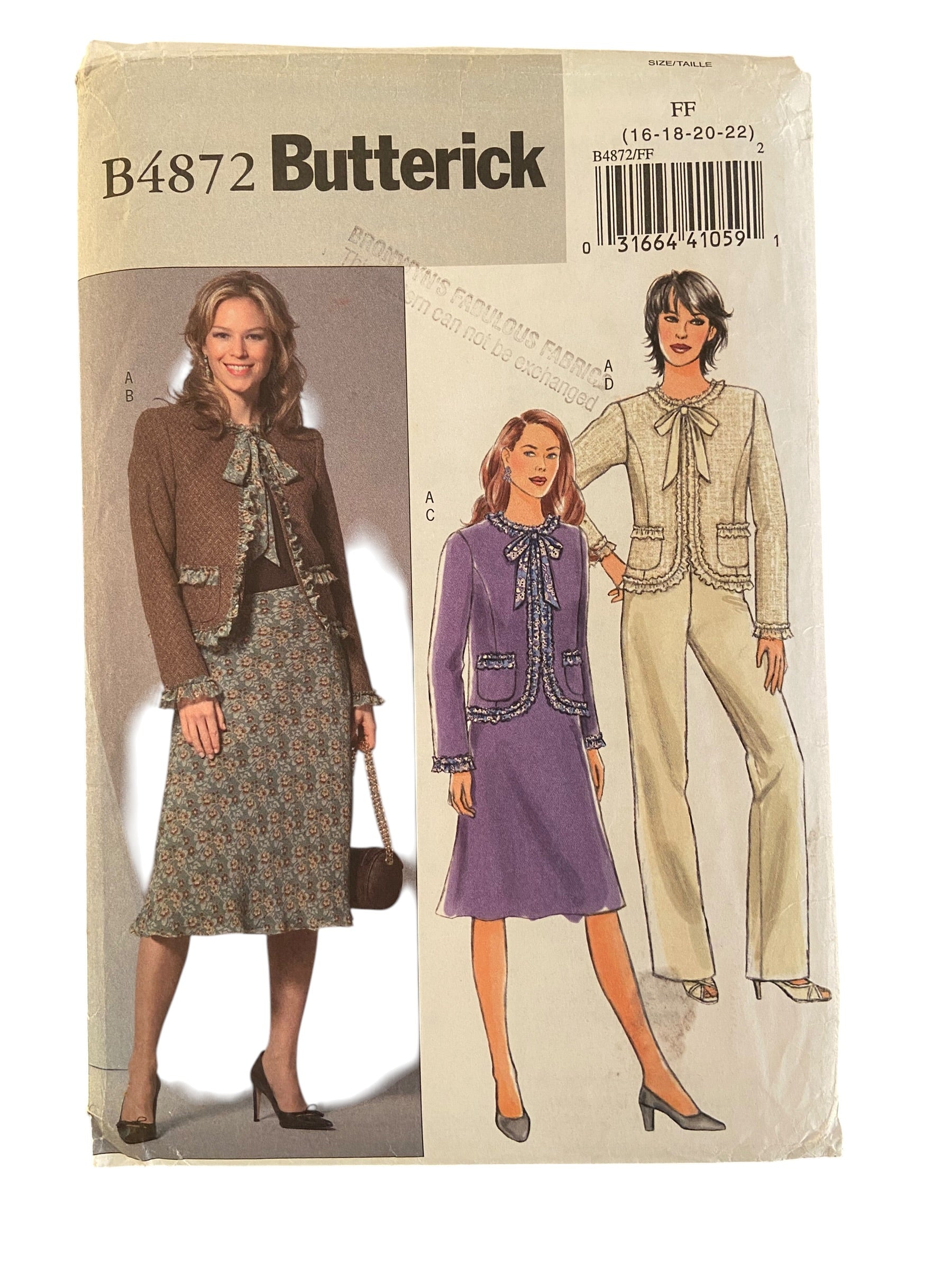 Butterick B4872  2000s sewing pattern for jacket, skirt and pants. Bust 38, 40, 42, 44 inches
