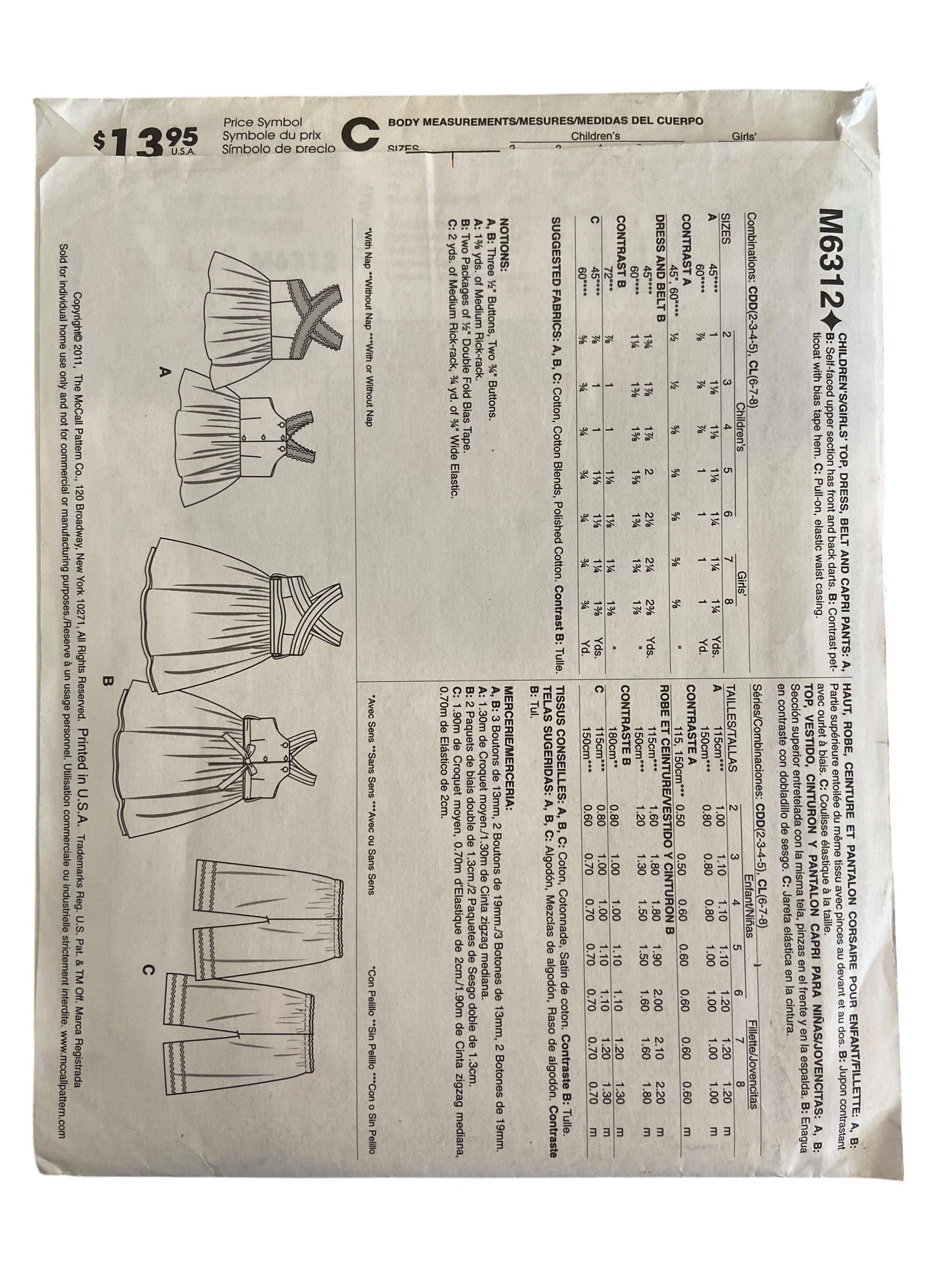 McCall’s M6312 child’s top, dress, belt and capri pants sewing pattern from the 2000s Sizes 2, 3, 4, 5