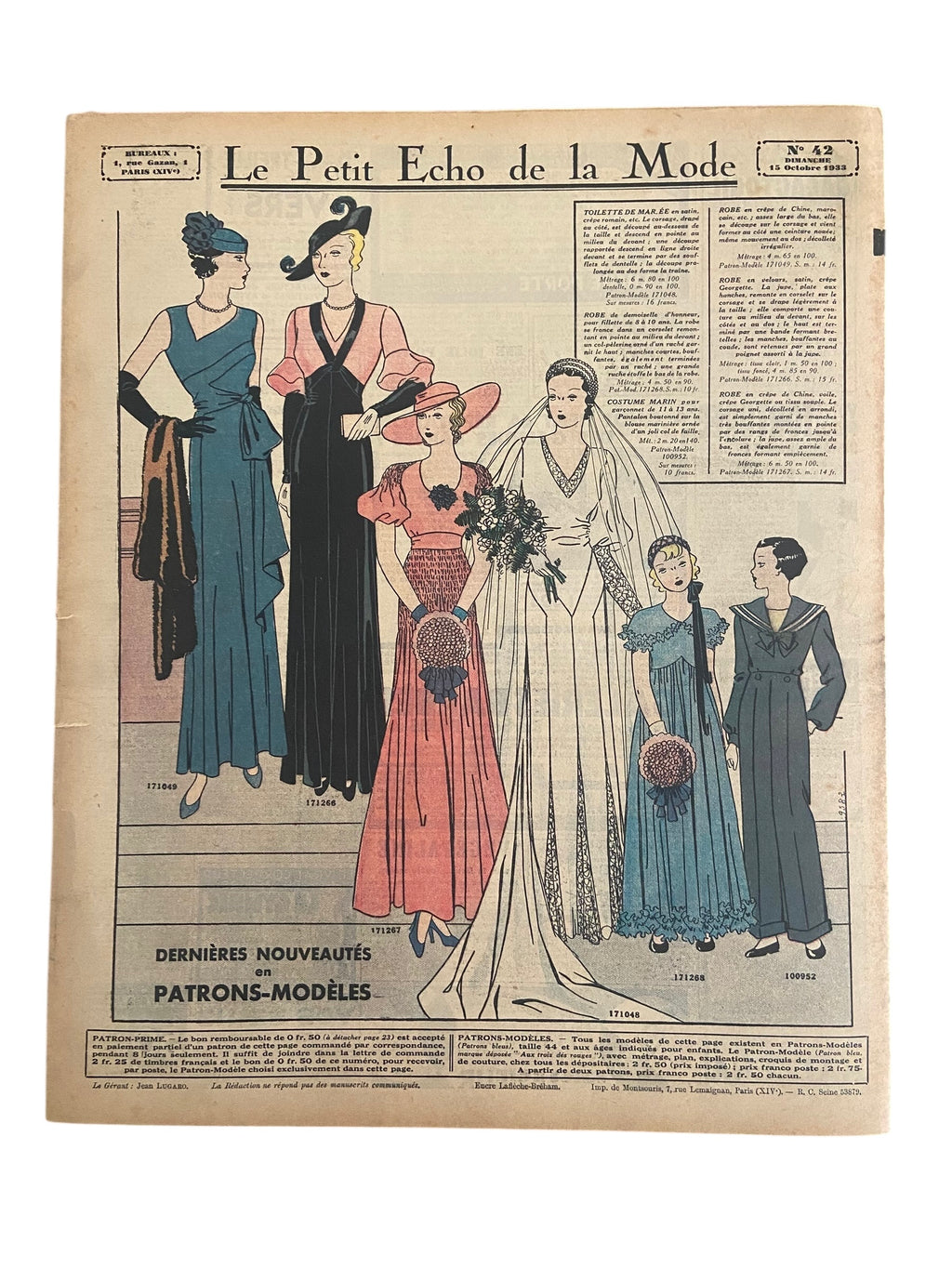 Le Petit Echo de la Mode 15 Octobre 1933 French women’s magazine with many fashion illustrations