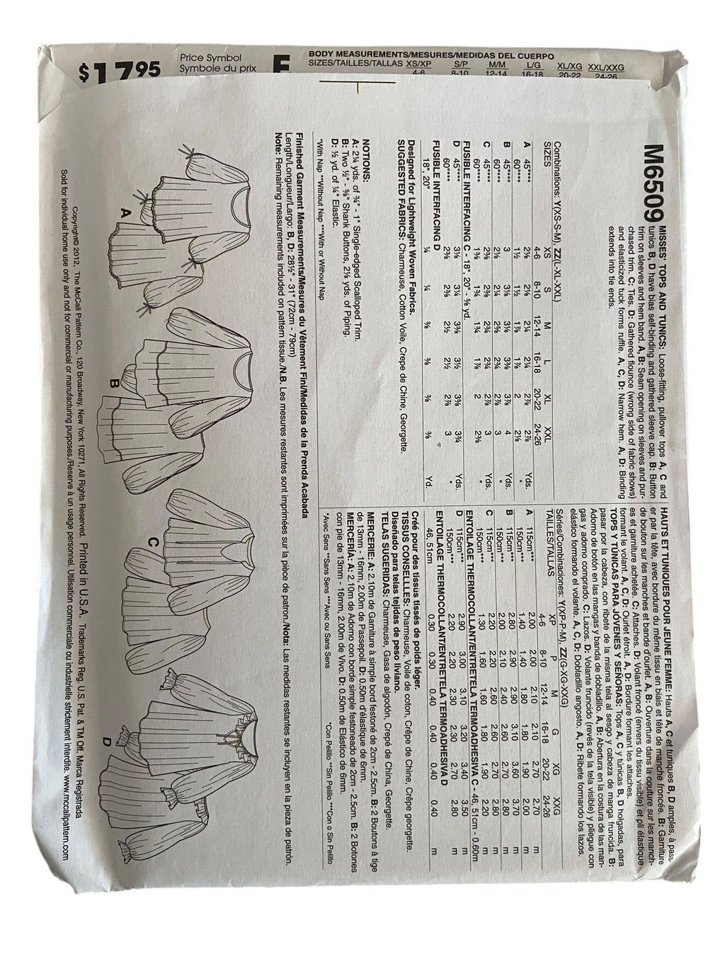 McCall's M65609 tops and tunics sewing pattern from the 2000s. Bust 29.5, 30.5, 31.5, 32.5, 34, 36 inches.