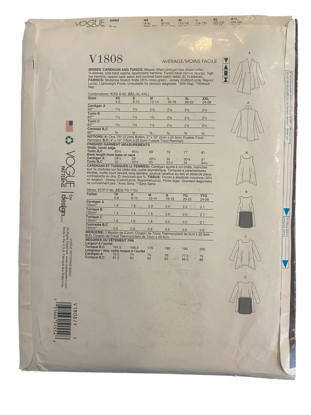 Vogue V1808 DESIGNER  Marci Tilton Designer cardigan and tunics sewing pattern Bust 29.5, 30.5, 31.5. 32.5, 34, 36 inches