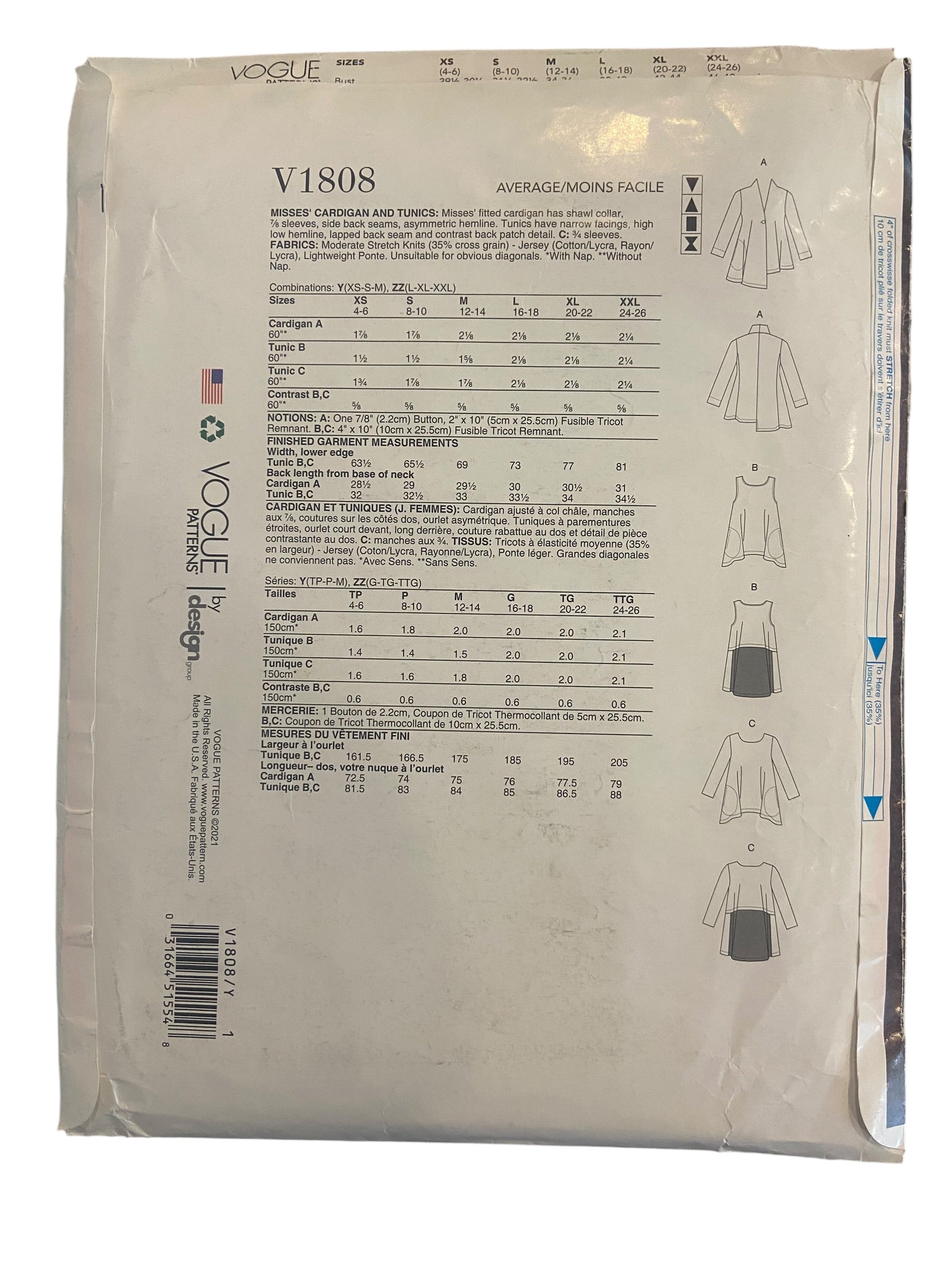 Vogue V1808 DESIGNER  Marci Tilton Designer cardigan and tunics sewing pattern Bust 29.5, 30.5, 31.5. 32.5, 34, 36 inches