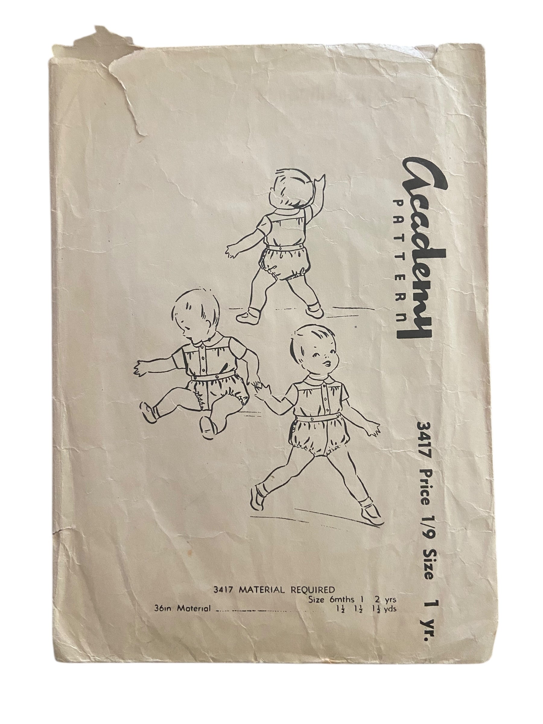 Academy 3417 vintage 1950s infant’s romper sewing pattern 1 year 20 inch chest
