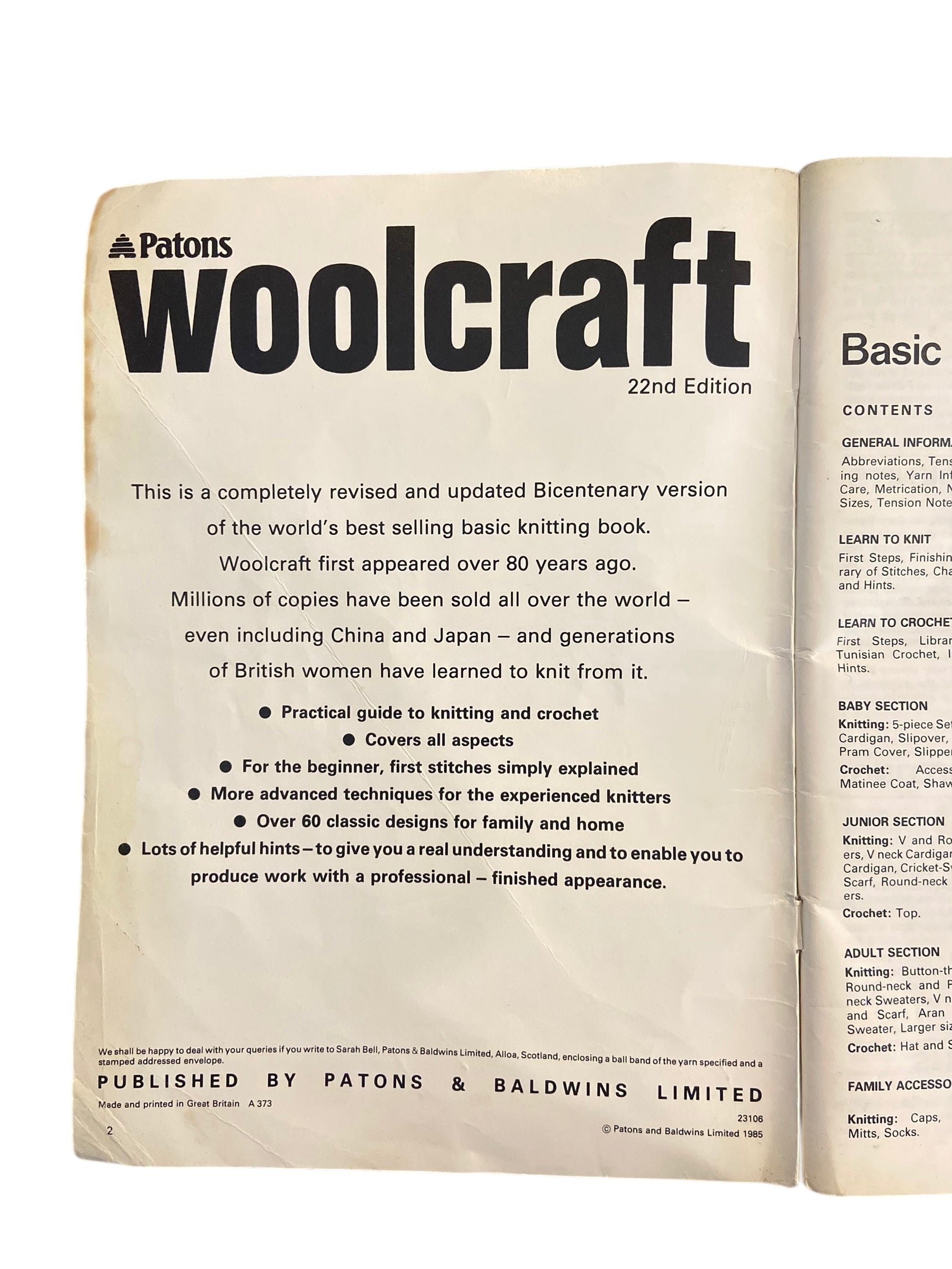 Vintage 1980s Paton’s Woolcraft, bicentenary edition, the basic guide to knitting and crochet, instruction and pattern book