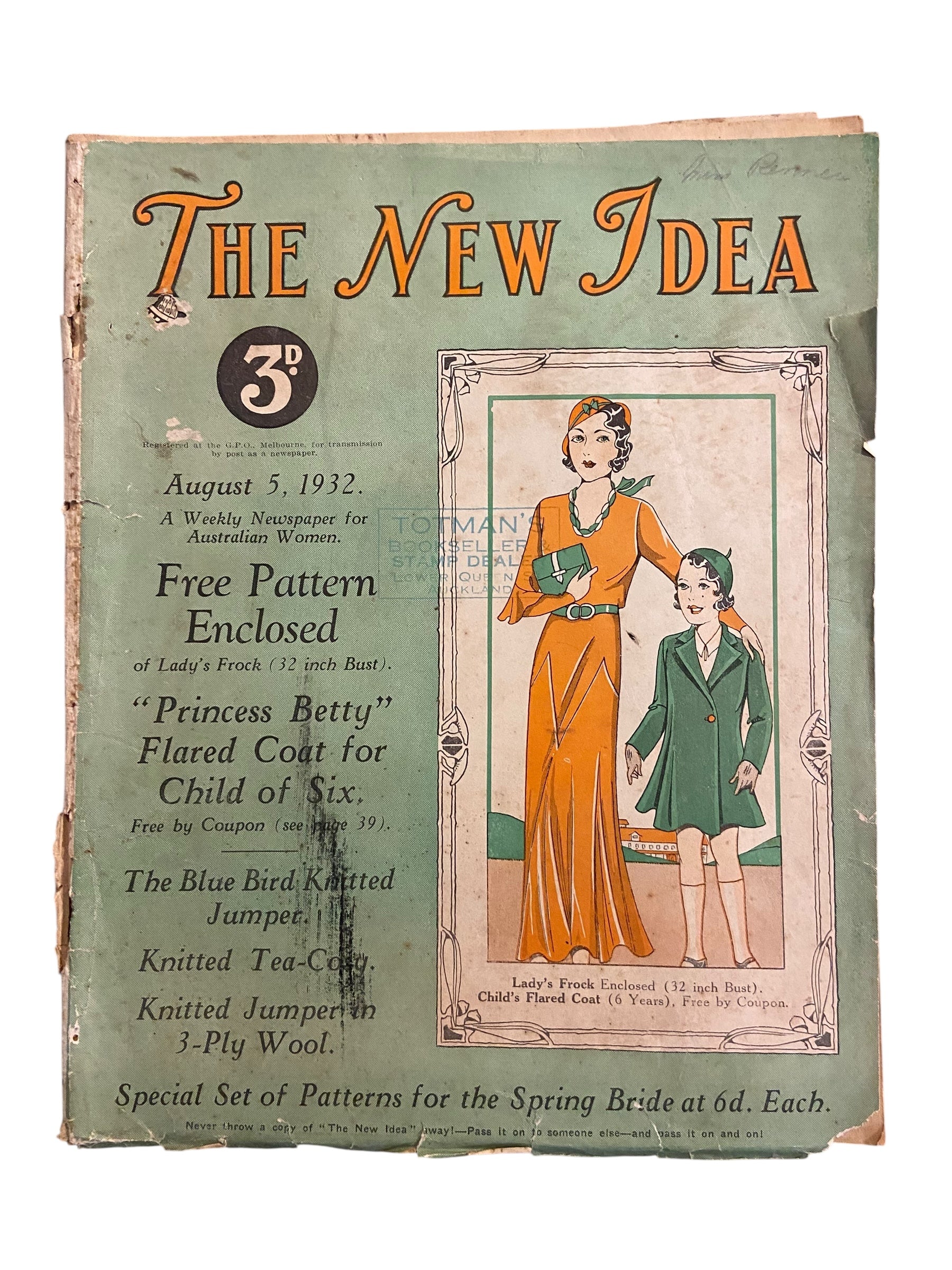 The New Idea Magazine . A weekly paper for Australian and New Zealand Women. August 5 1932 with sewing pattern unused, factory folded, lady’s frock. Bust 32 inches.