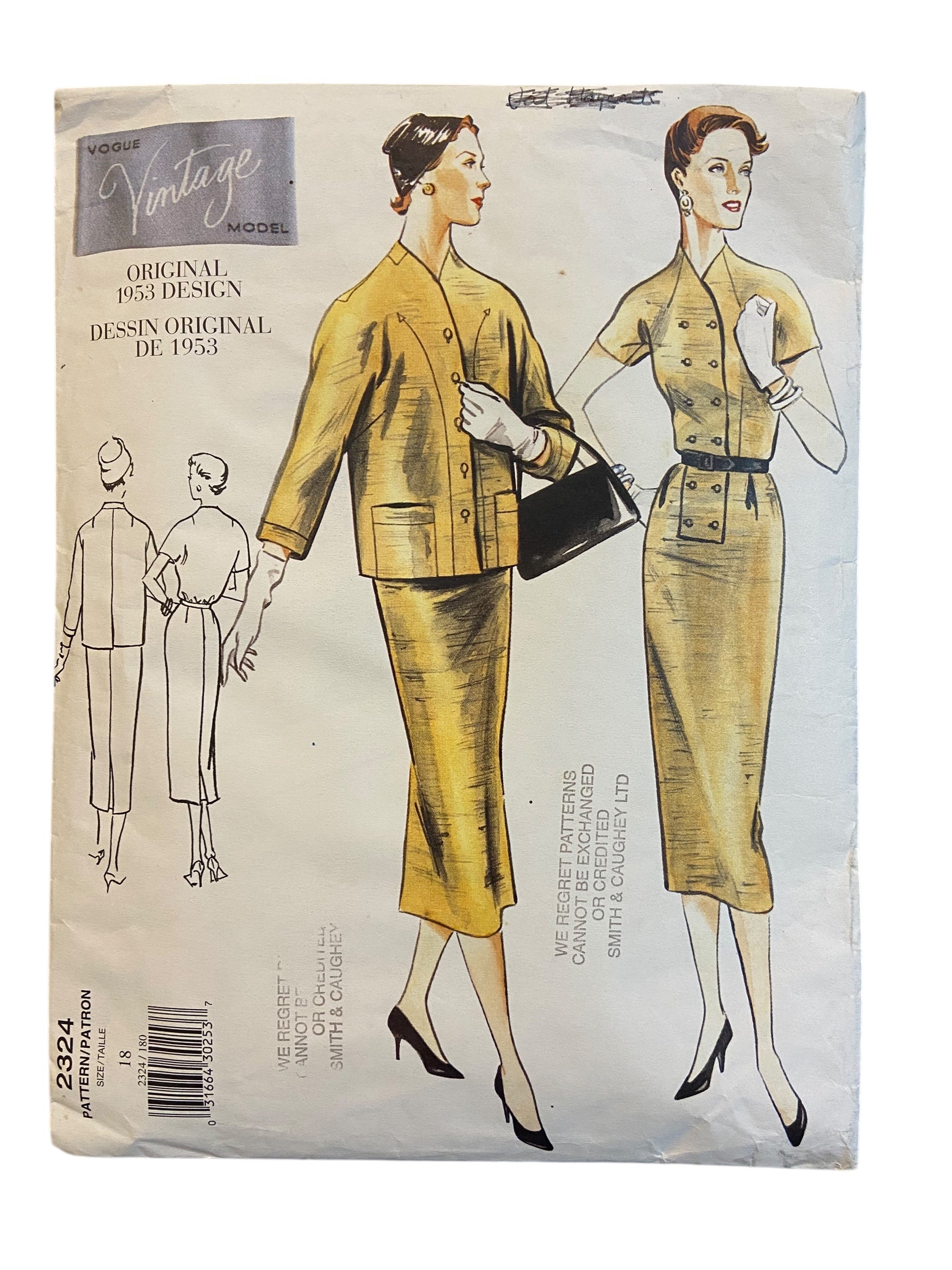 Vogue 2324 reissued vintage 1953 dress and jacket sewing pattern Bust 40 inches