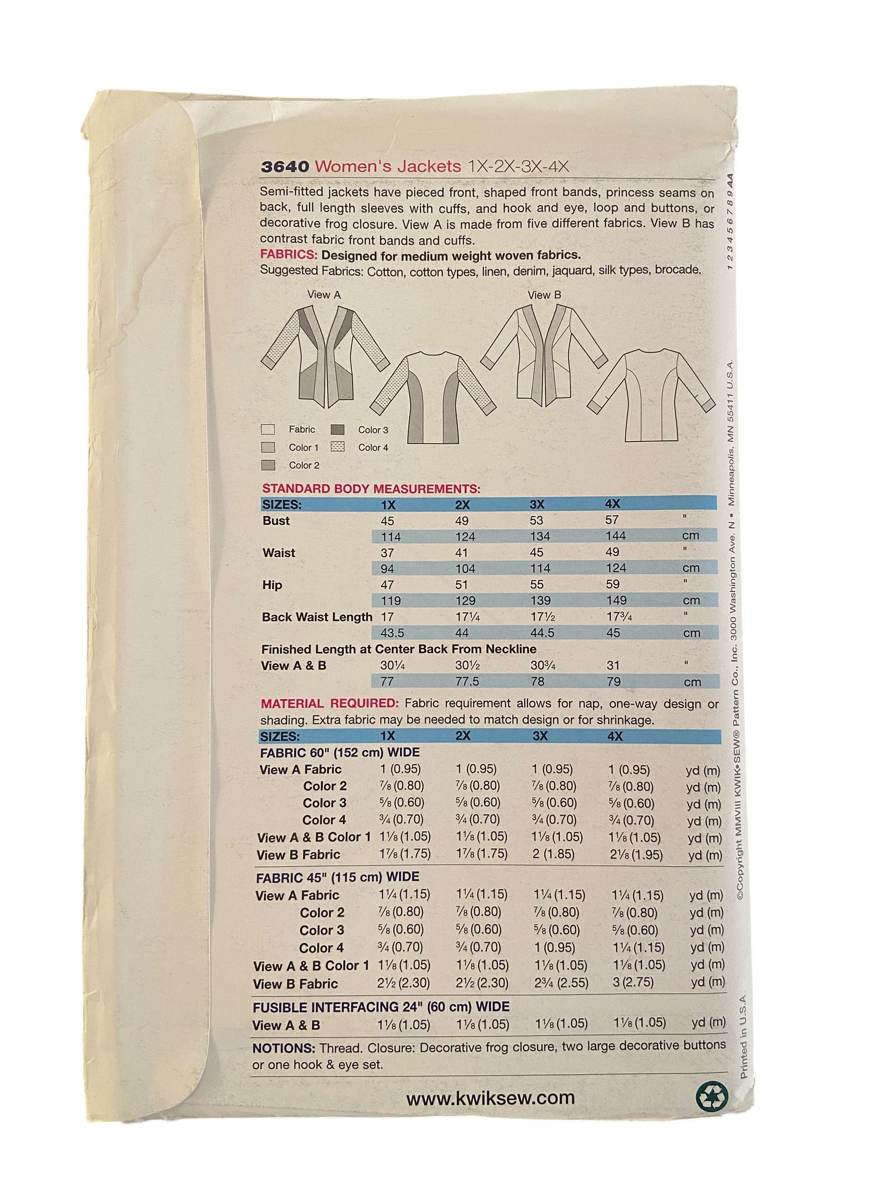 Kwik Sew 2658 women’s jackets sewing pattern. Bust 45, 49, 53, 57 inches