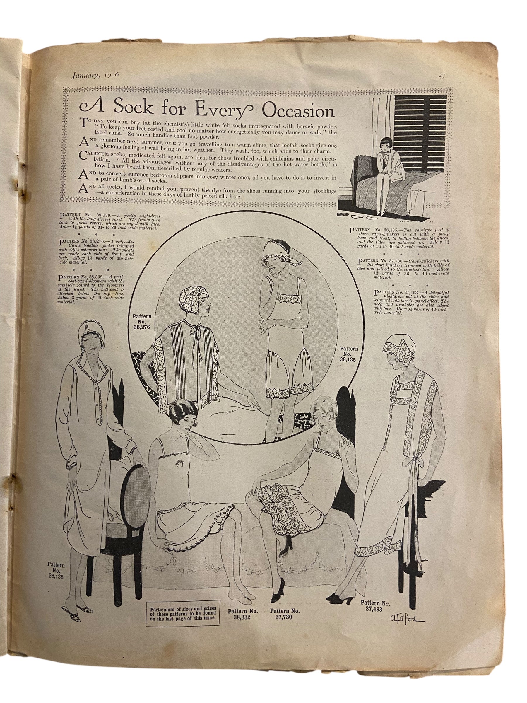 Fashions for All magazine February 1925 with two dress sewing patterns, unused. Bust 36 inches.