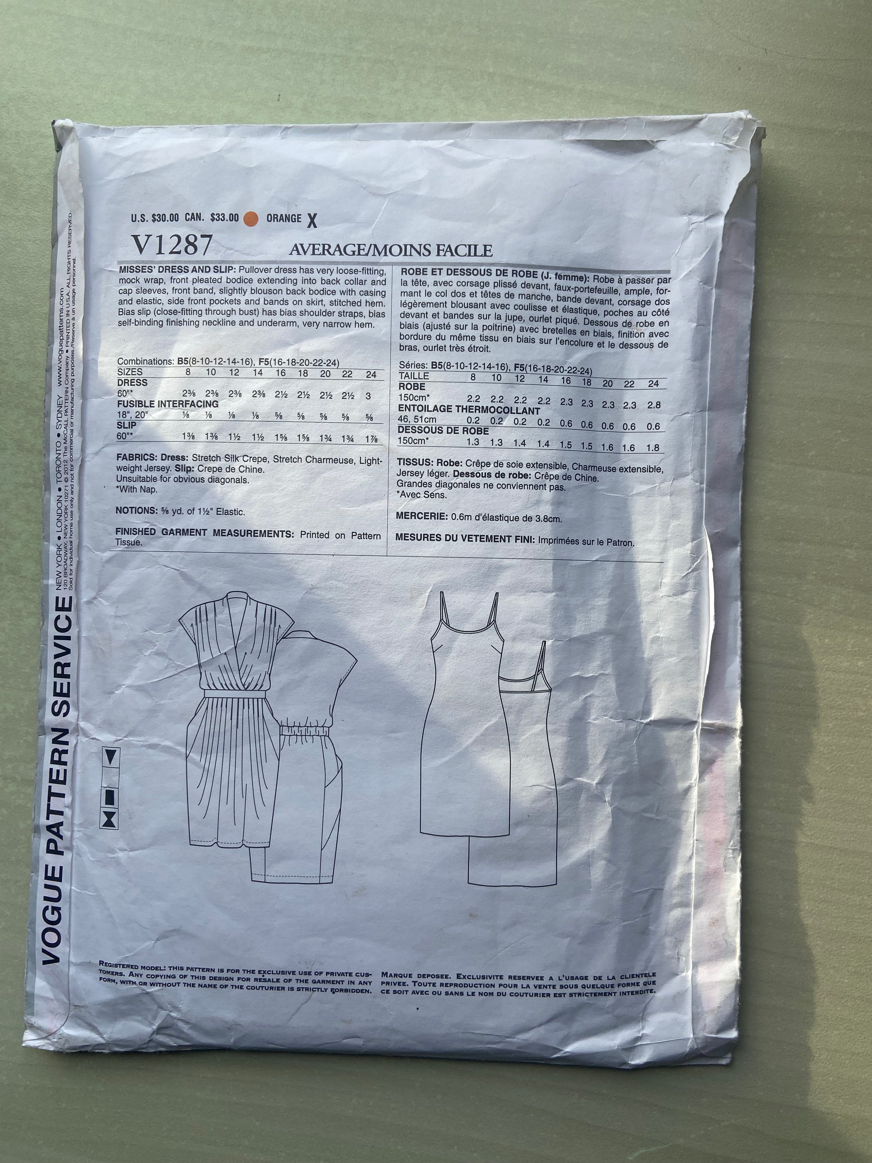 Vogue v1287 DKNY dress and slip sewing pattern from the 2000s Bust 31. –  the vintage pattern market