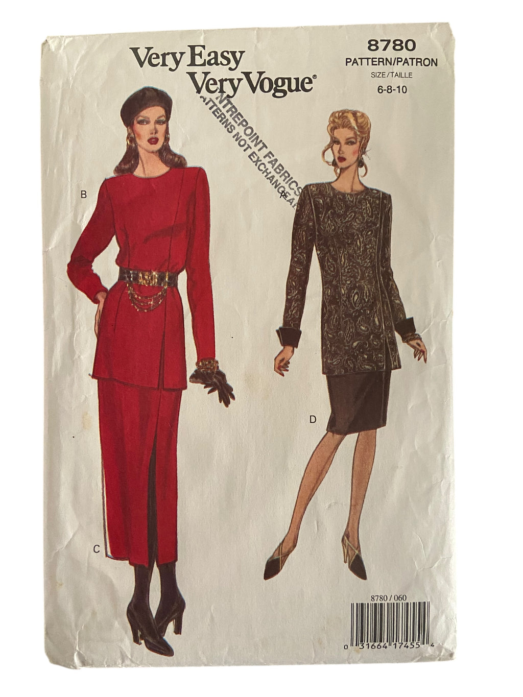 Vogue 8780 vintage 1990s very easy very vogue tunic and skirt sewing pattern Bust 30.5, 31.5, 32.5 inches