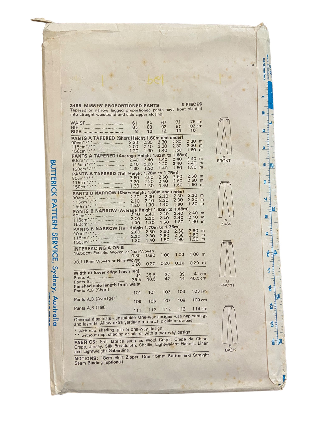 Butterick 3498 vintage 1980s proportional pants sewing pattern. Waist 26.5 inches, hip 36 inches