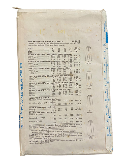 Butterick 3498 vintage 1980s proportional pants sewing pattern. Waist 26.5 inches, hip 36 inches